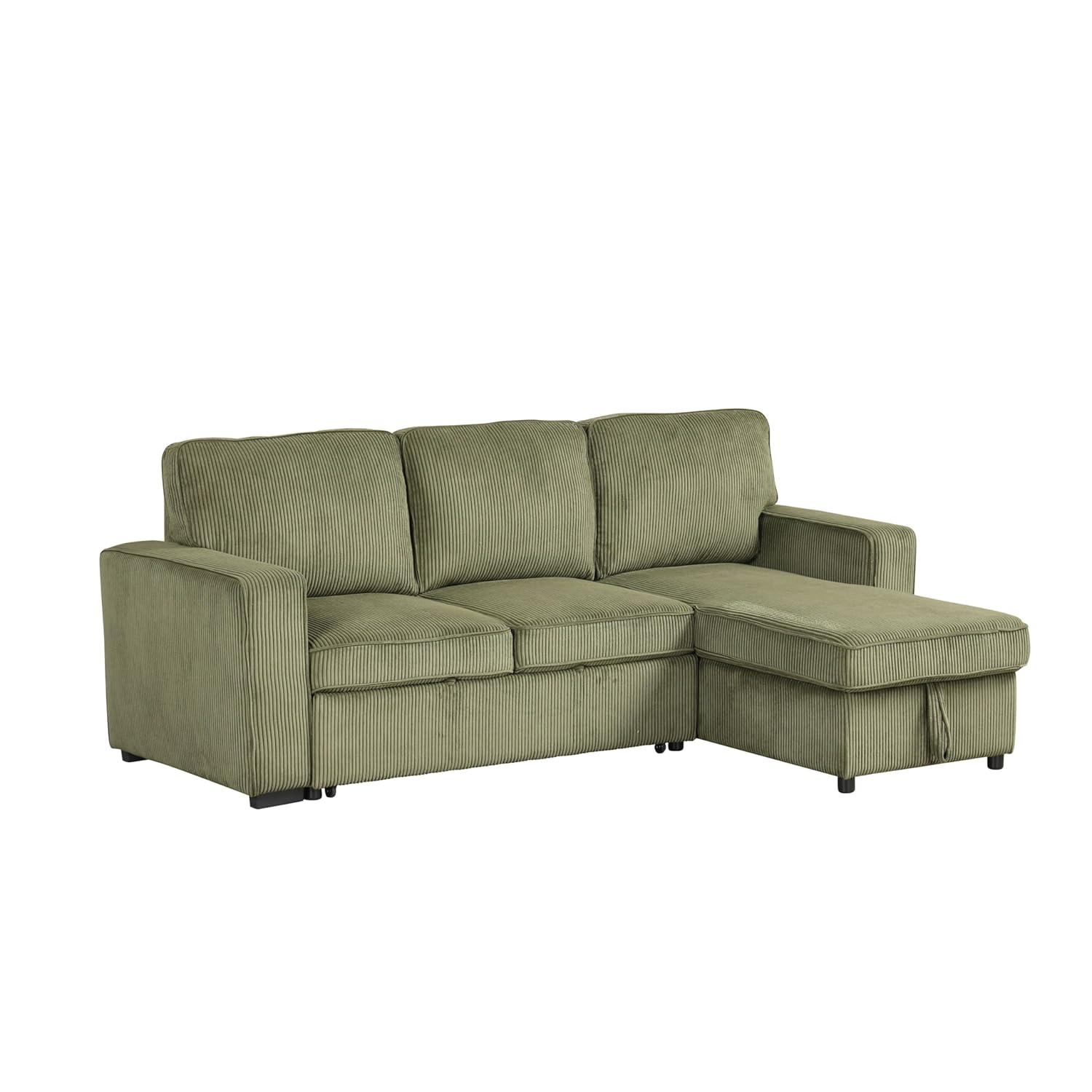 HOMES: Inside + Out Paeke Sleeper Sectional Sofa Corduroy with Storage Chaise and Reversible Green