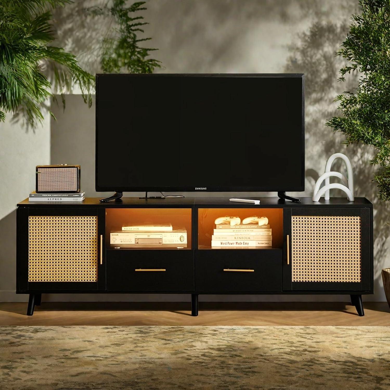 Bay Isle Home™ Heyer Large Wood Rattan TV Stand for TVs up to 75" with LED Light and Charging Station, Coastal Media Console Table, Multimedia Storage Furniture with 2 Drawers, Lighting TV Cabinet