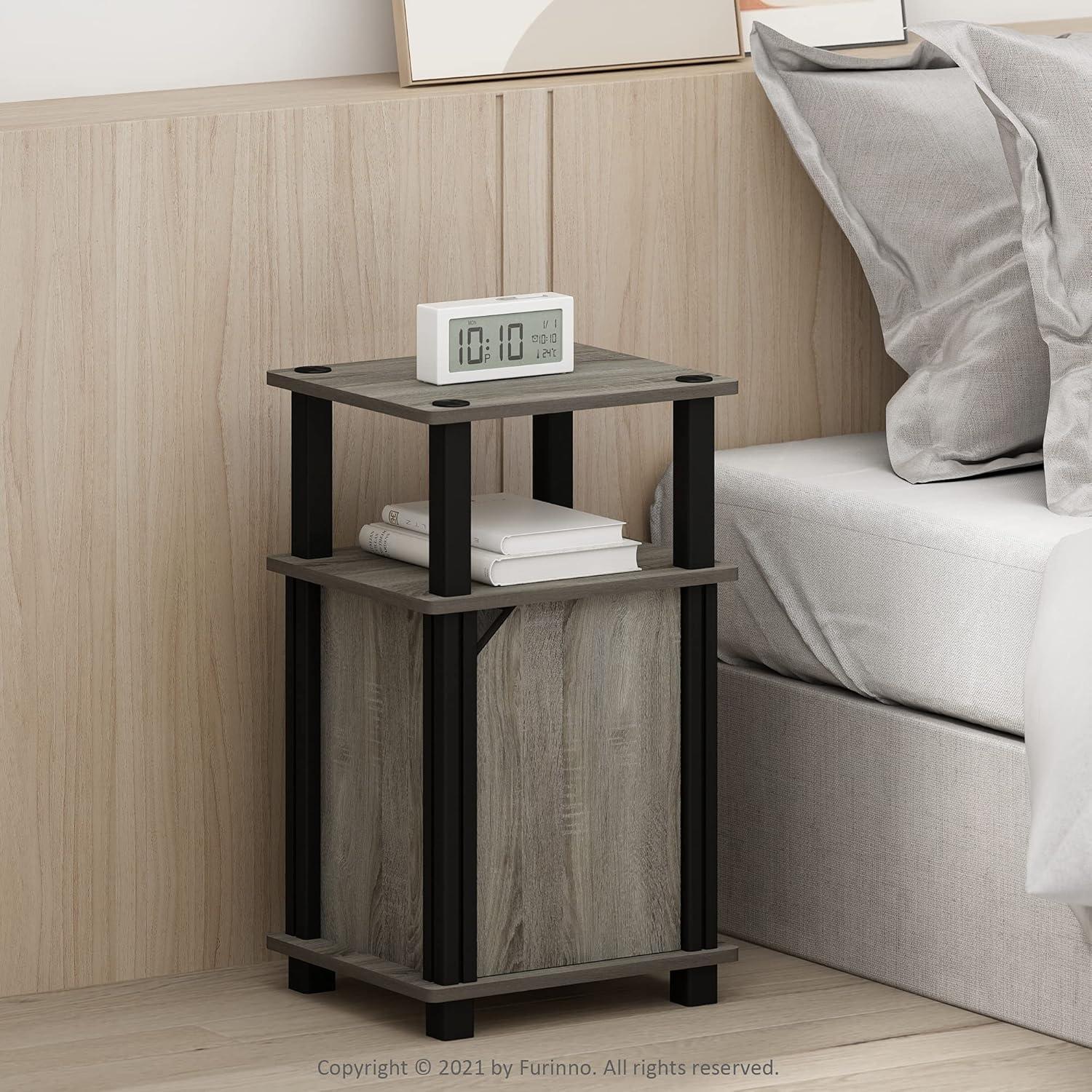 Furinno Brahms 3-Tier End Table with Door, French Oak, Black