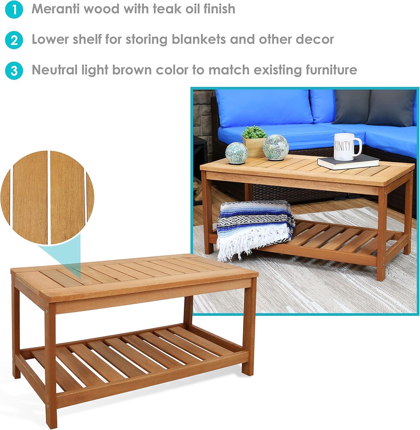 Sunnydaze Outdoor Meranti Wood with Teak Oil Finish Wooden Rectangular Accent Coffee Table - 35" - Brown