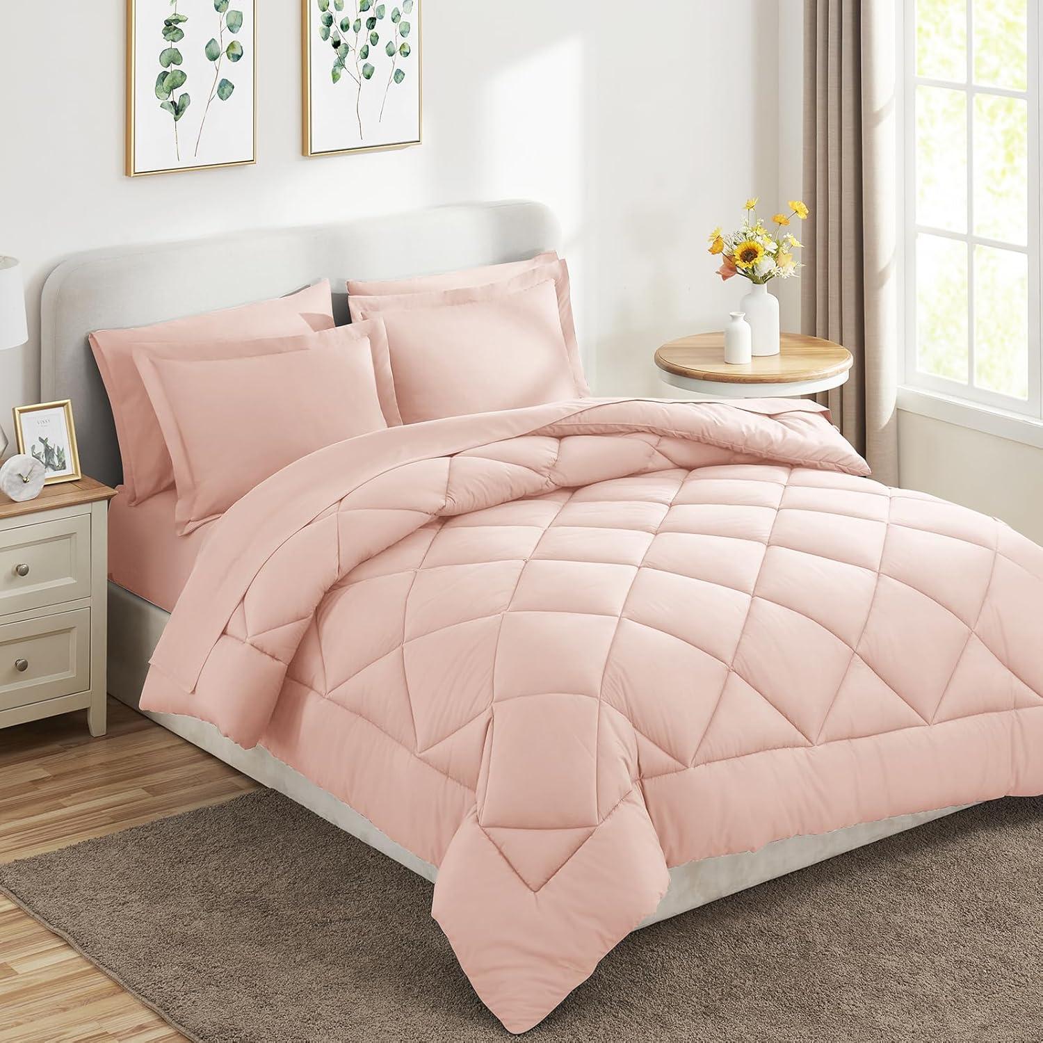 CozyLux Pink Comforter Set Queen - 7 Pieces Bed in a Bag Toddler Girls Comforter Set Teen Girl Bedding Sets with All Season Quilted Comforter, Flat Sheet, Fitted Sheet, Pillowcases, Blush Pink
