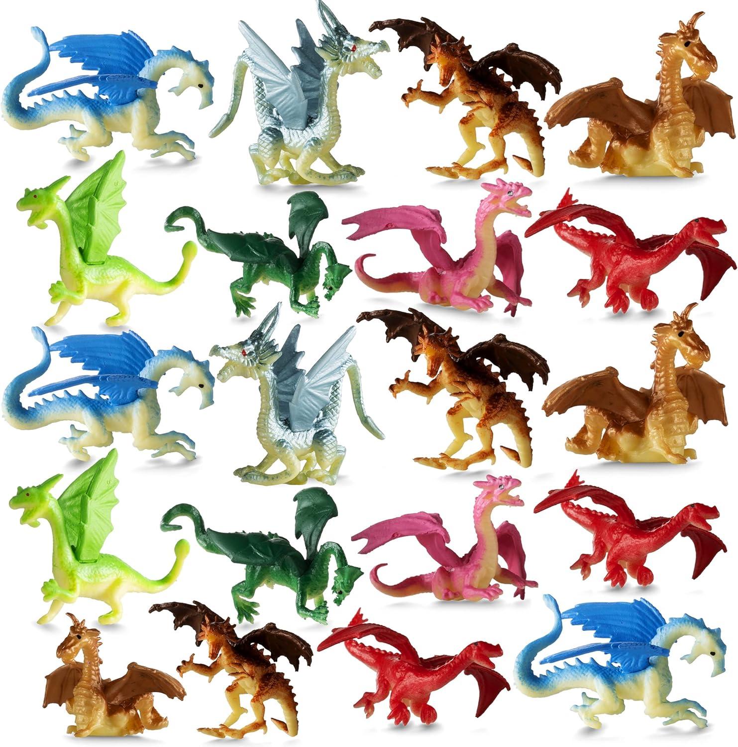 Mini Dragon Toy Figures - (Pack of 36) 2 Inch Plastic Rubbery Dragon Figurines in Assorted Colors and Styles - Kids Toys for Birthday Party Favors, Decorations, Cupcake Toppers and Piñatas