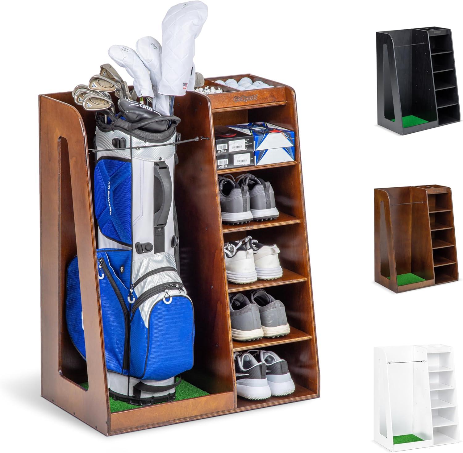 GoSports Premium Wooden Freestanding Golf Bag Organizer and Storage Rack