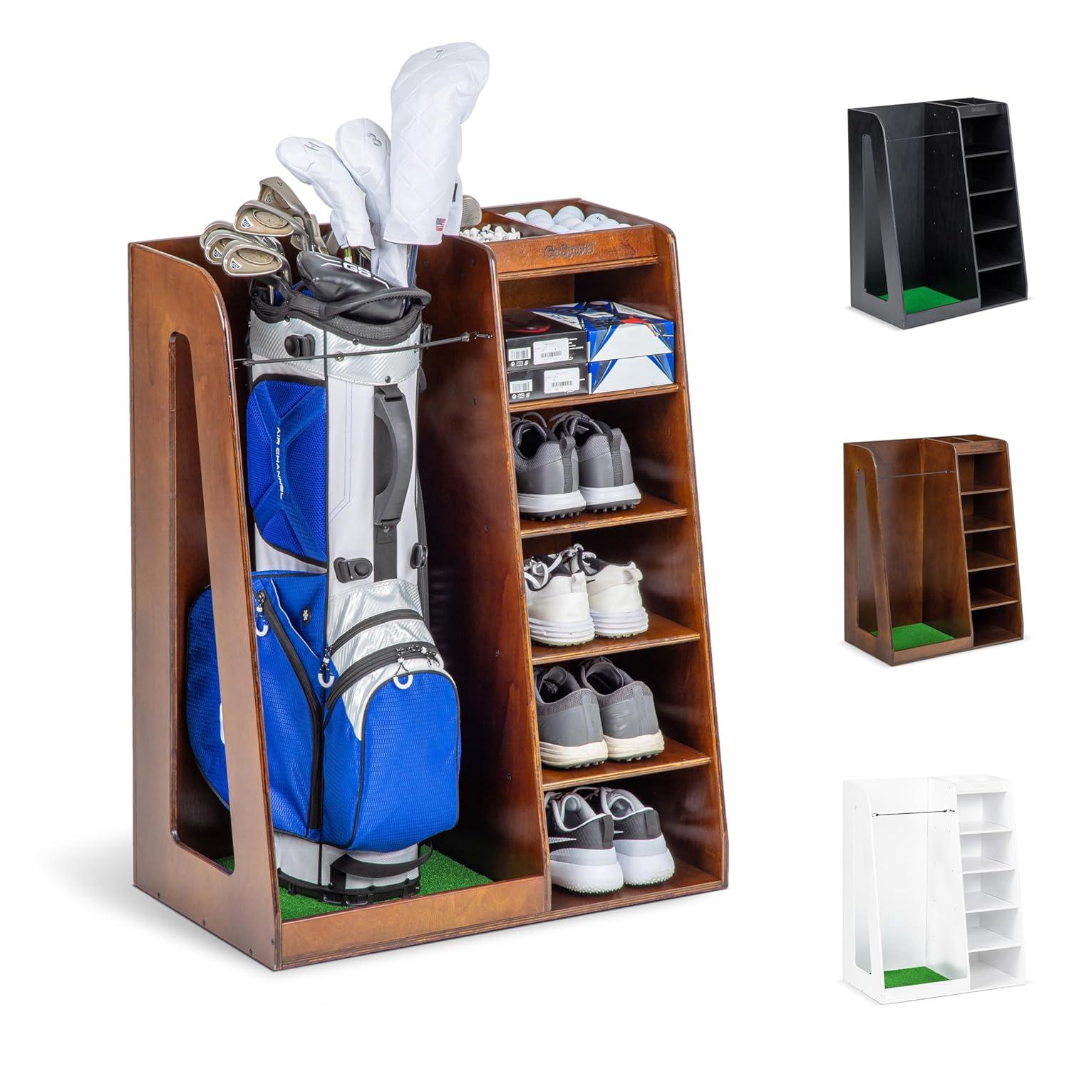 GoSports Premium Wooden Freestanding Golf Bag Organizer and Storage Rack