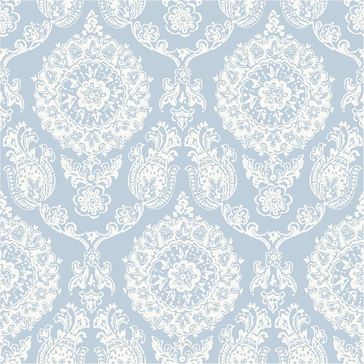 Helm Damask Light Blue and White Floral Medallion Wallpaper