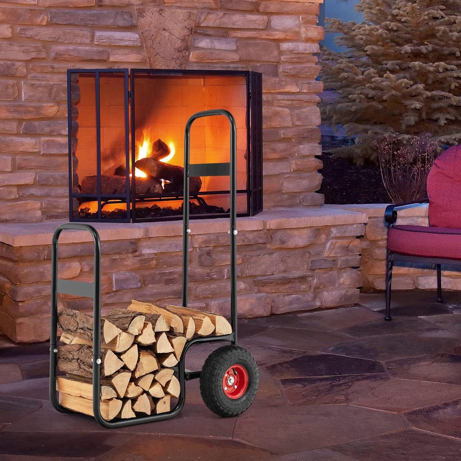 Tangkula Firewood Log Cart Carrier Firewood Cart Wood Hauler with Wear-Resistant and Shockproof Rubber Wheels