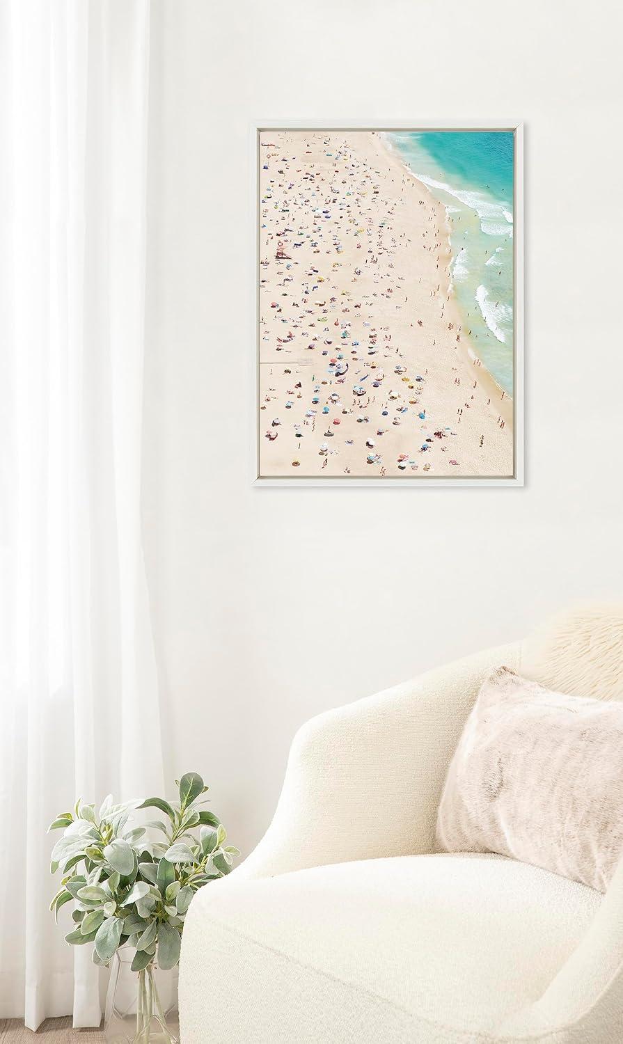 Kate and Laurel Sylvie Crowded Beach from Above Framed Canvas Wall Art by Amy Peterson Art Studio, 18x24 White, Coastal Beach Landscape Art for Wall