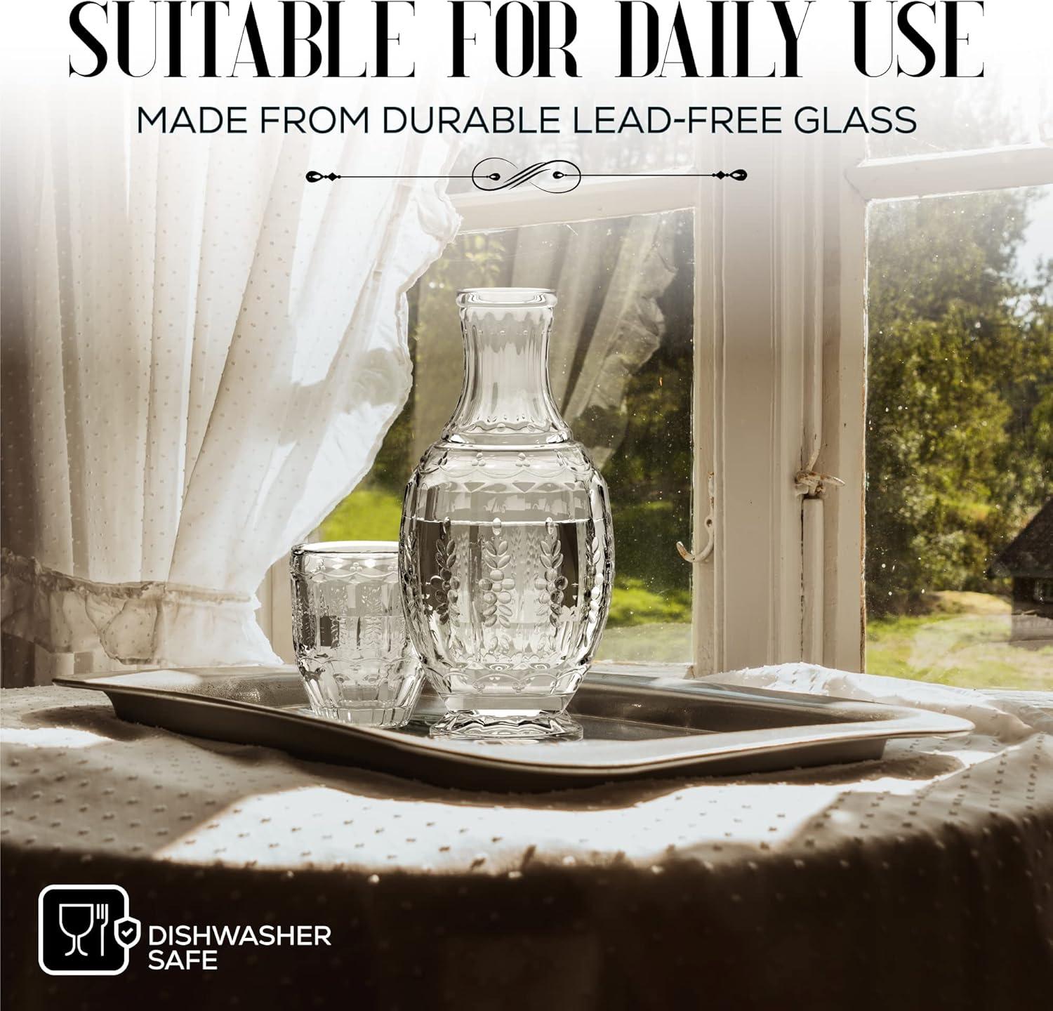 Elle Décor Vintage Night Bedside 33 oz. Water Carafe With Tumbler, 2-Piece Set,Clear