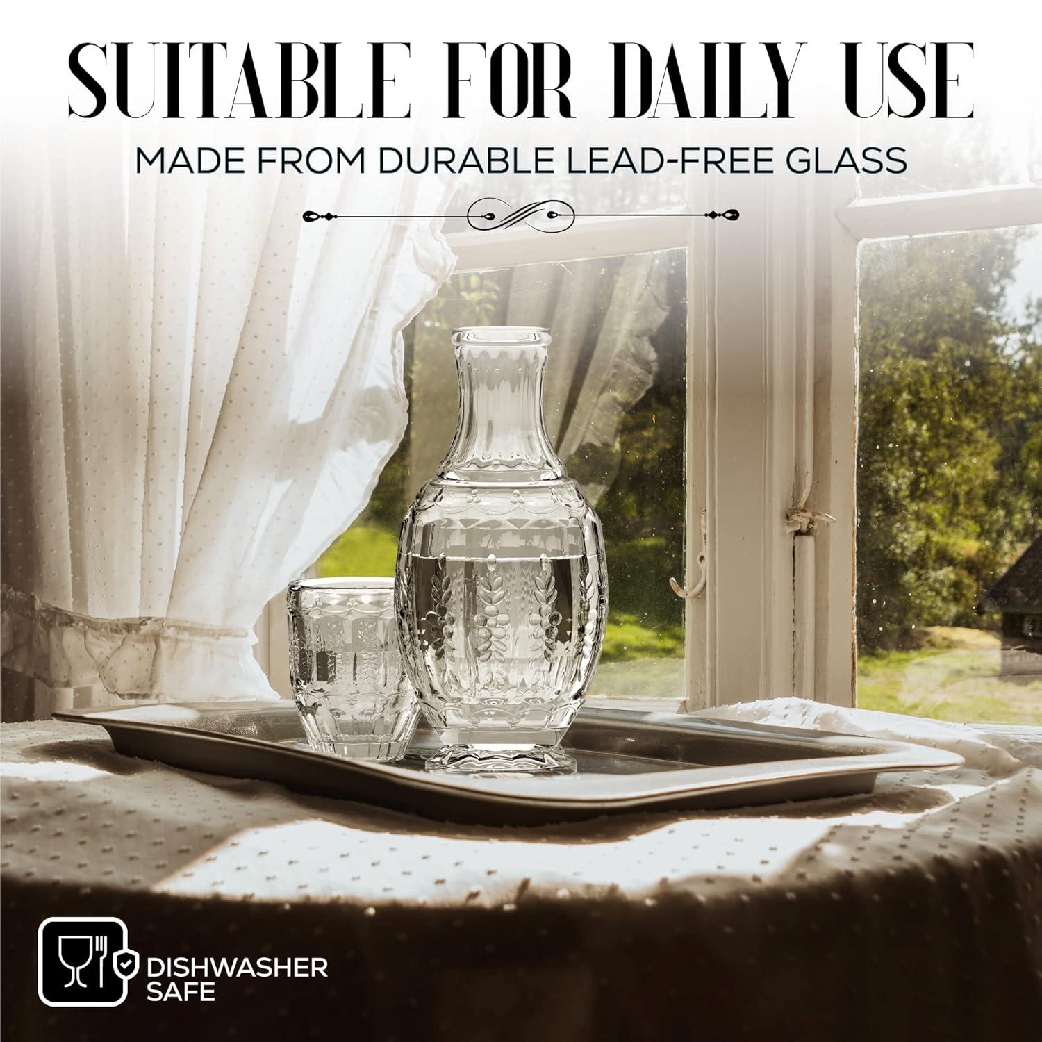 Elle Décor Vintage Night Bedside 33 oz. Water Carafe With Tumbler, 2-Piece Set,Clear
