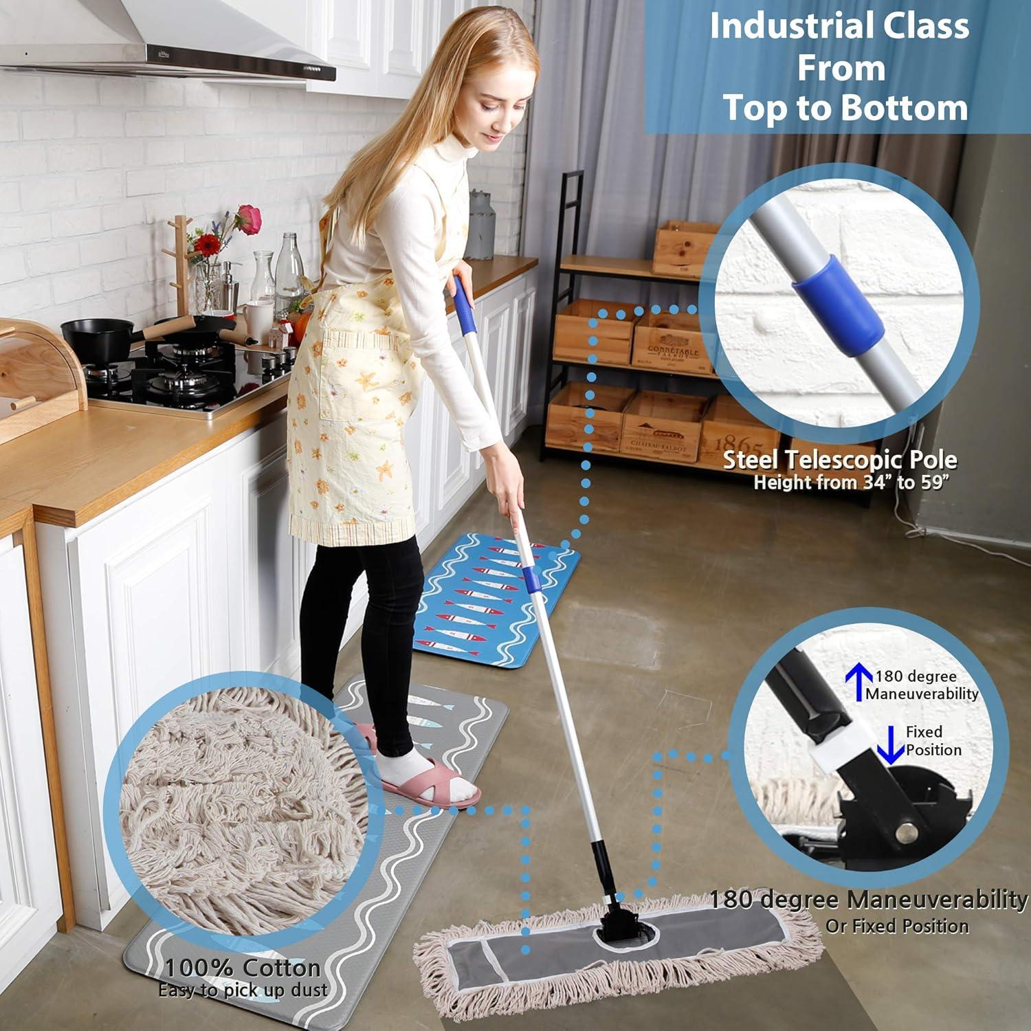 24" Industrial Cotton Floor Dust Mop with adjustable Steel Handle - Commercial Mops for Hardwood, Tiles, Laminate, Vinyl, Garage epoxy, Bamboo surface cleaning and Flooring Push Dust Broom