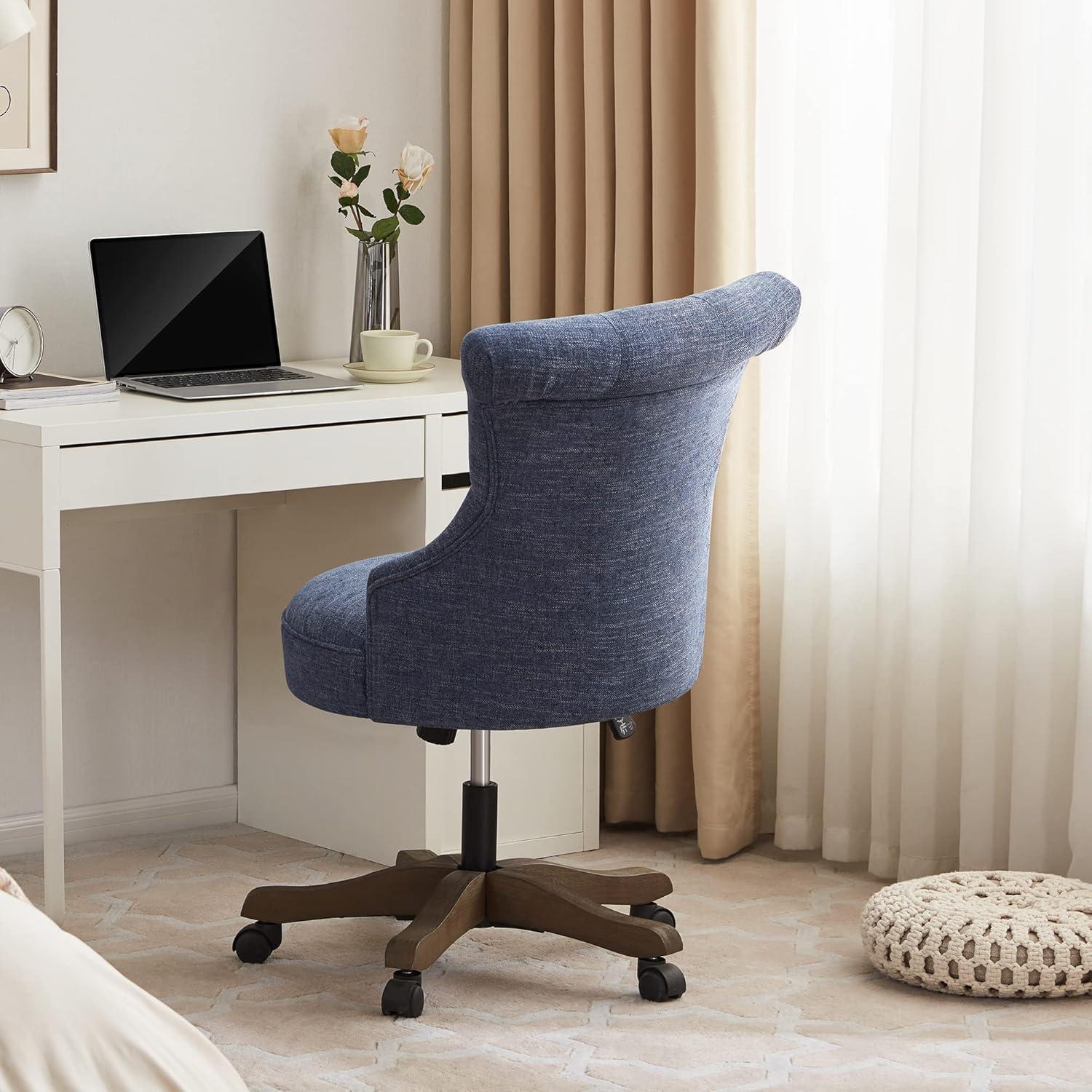 Blue Linen Upholstered Swivel Office Chair with Wooden Legs