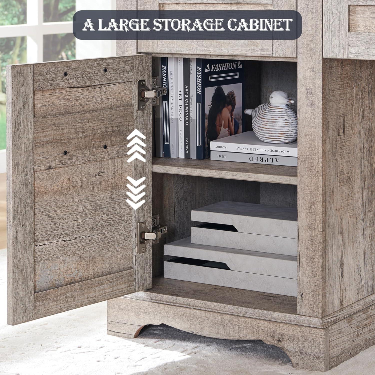 RedLemon 60" Farmhouse L Shaped Desk with Hutch, Wood Home Office Executive Desk with Drawer, Charging Station, File Drawer, Storage Cabinet, Rustic Writing Computer Desk (Antique White)