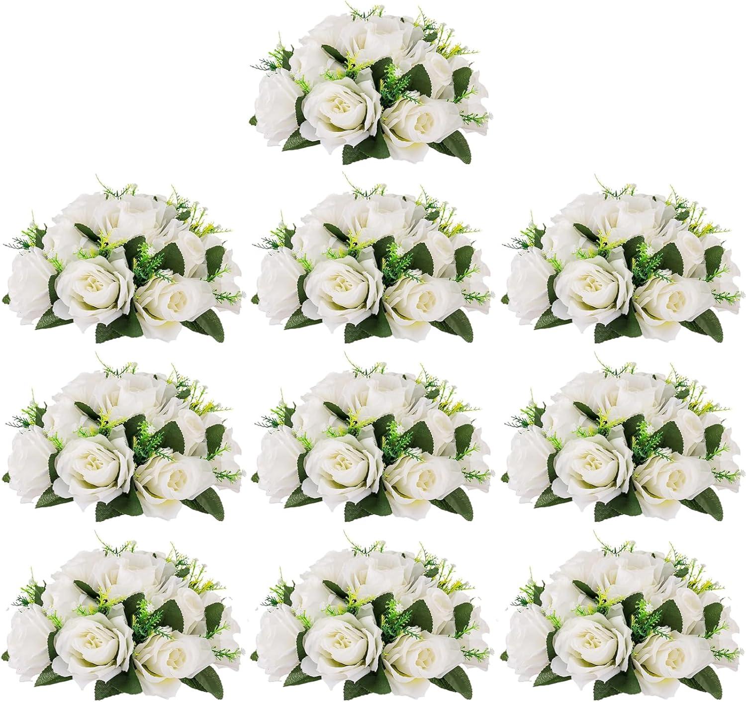 Nuptio Set of 10 White Rose Artificial Flower Kissing ball, 15 Heads Fake Peony Silk Flowers Bouquet for Centerpiece Wedding Birthday Party Home Table Decor