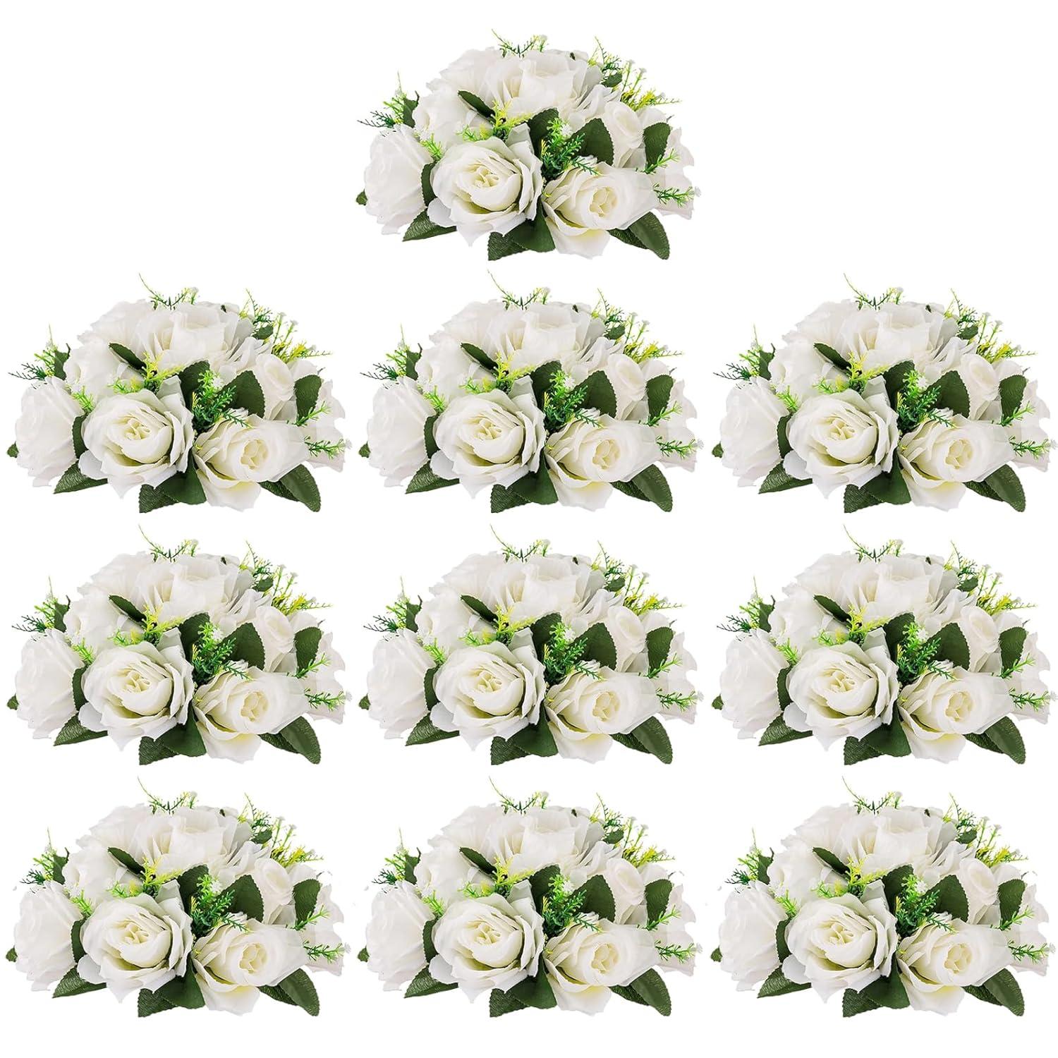 Nuptio Set of 10 White Rose Artificial Flower Kissing ball, 15 Heads Fake Peony Silk Flowers Bouquet for Centerpiece Wedding Birthday Party Home Table Decor