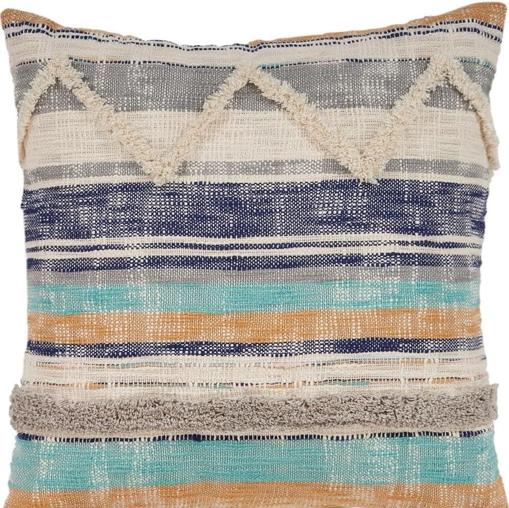 HomeRoots 18" X 18" Beige Blue And Gray Geometric Cotton Zippered Pillow