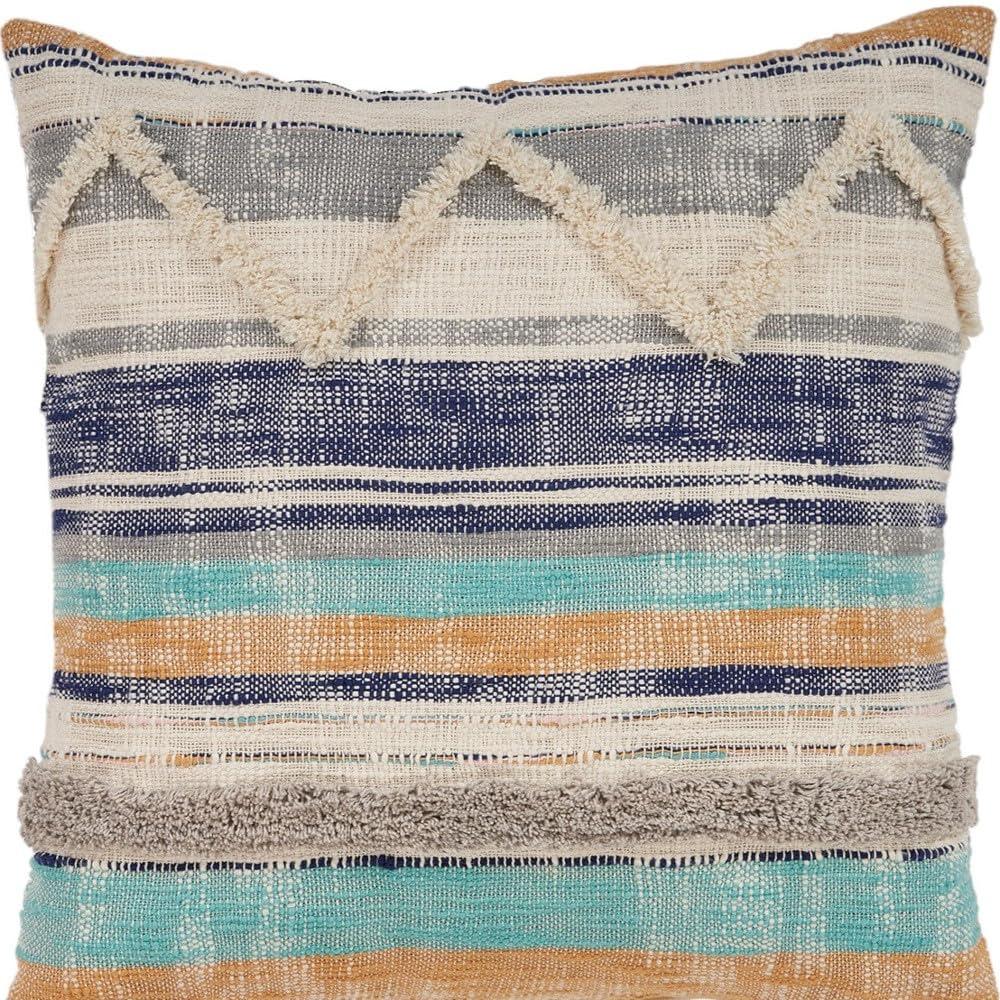 HomeRoots 18" X 18" Beige Blue And Gray Geometric Cotton Zippered Pillow