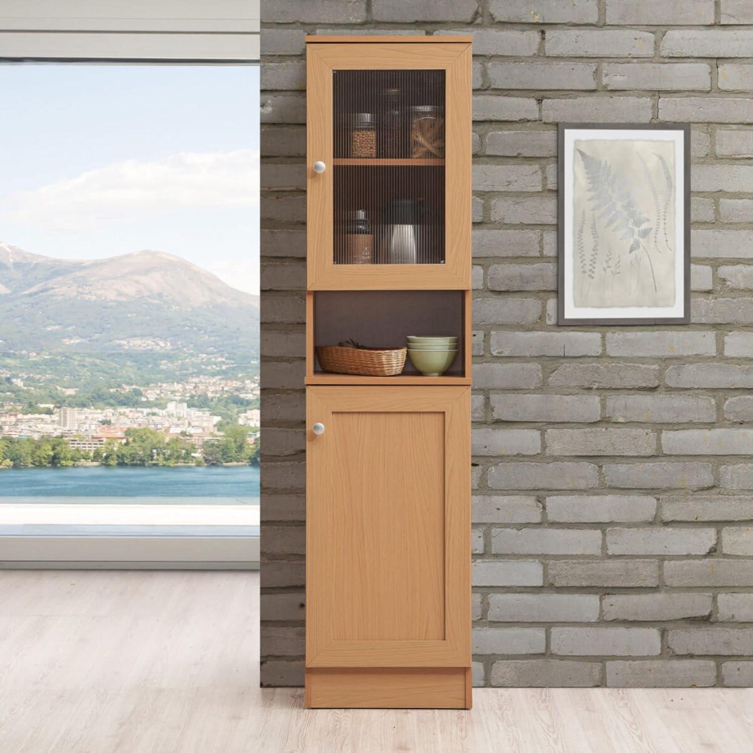 63" Tall Slim Open Shelf Plus Top and Bottom Enclosed Storage Kitchen Pantry in Black-Beech