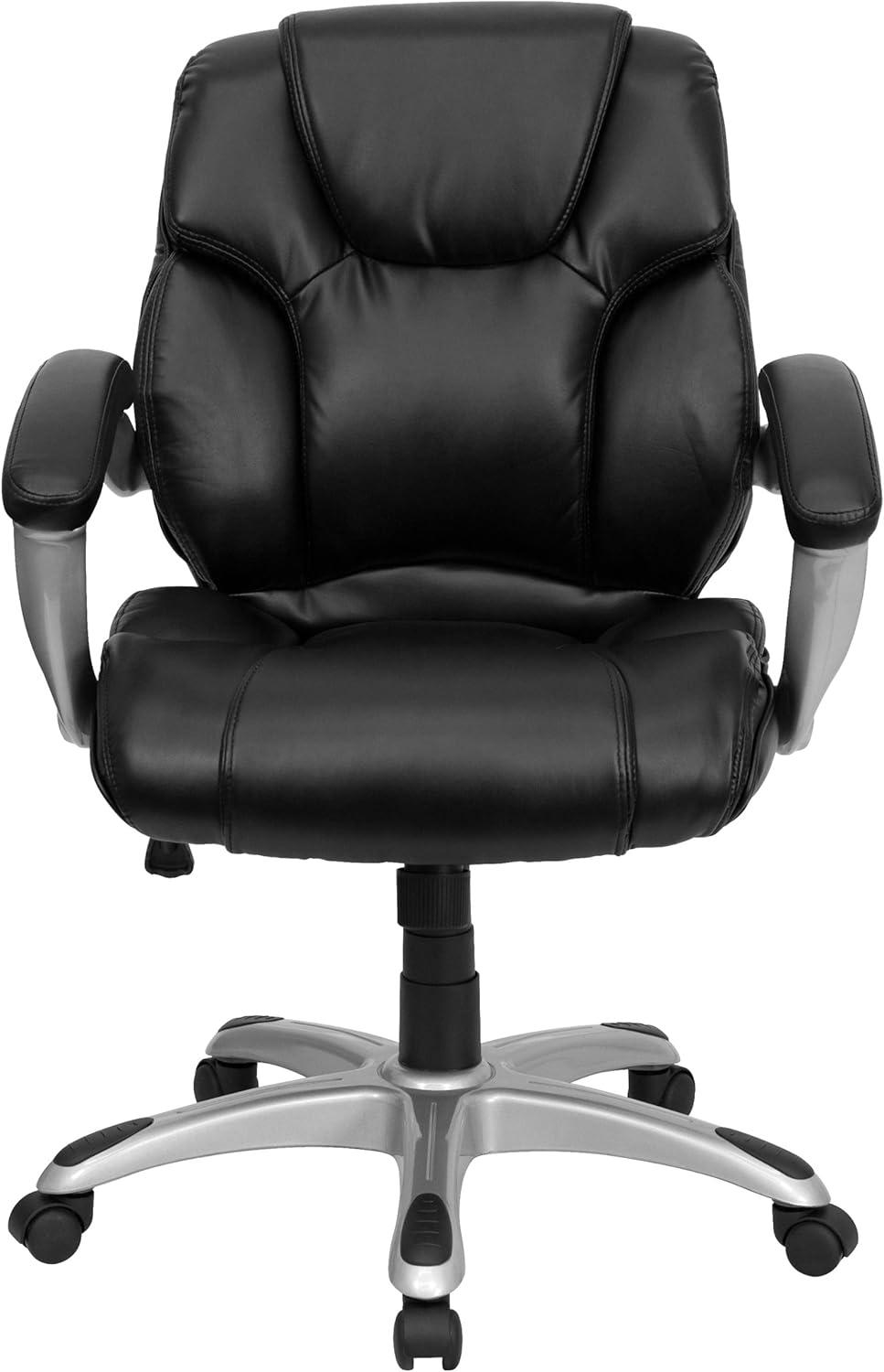 Flash Furniture Heather Mid-Back Black LeatherSoft Layered Upholstered Executive Swivel Ergonomic Office Chair with Silver Nylon Base and Arms