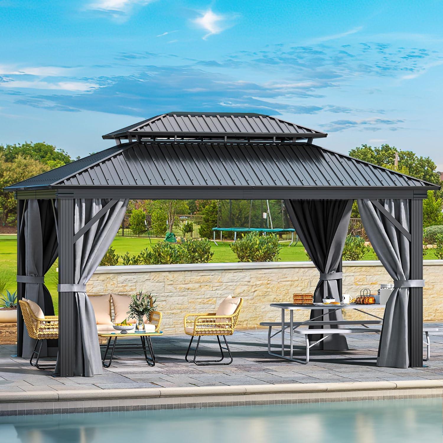 Sunmthink 12' x 16' Outdoor Hardtop Gazebo, Galvanized Double Roof Gazebo with Curtain and Netting for Patio, Garden, Lawn, Party