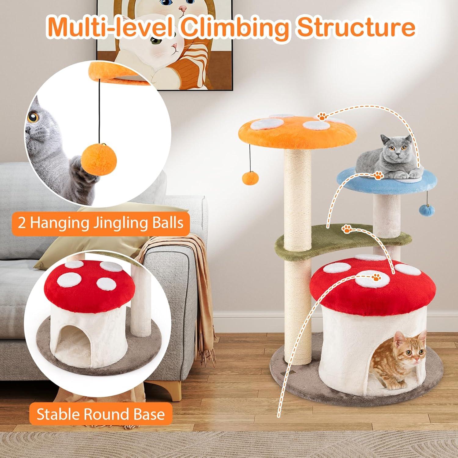 Tangkula Cute Mushroom Cat Tree 35" Tall Cat Tower w/ Sisal Scratching Posts Cat Condo