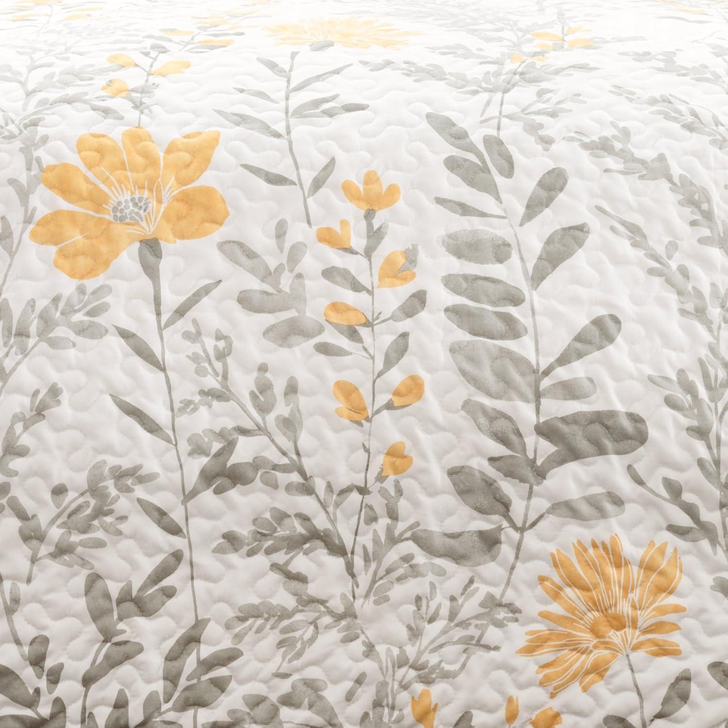 Yellow and Gray Reversible Floral King Microfiber Quilt Set