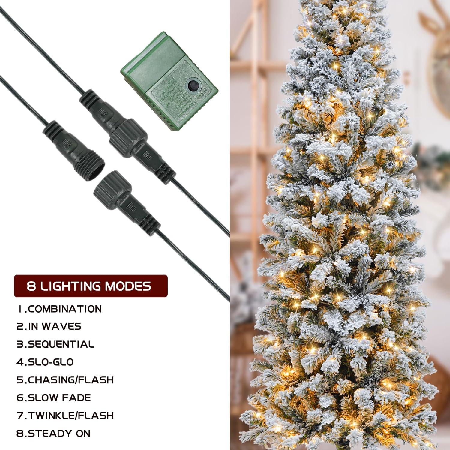 7.5ft Pre-lit Snow-Flocked Kingswood Fir Pencil Artificial Christmas Tree