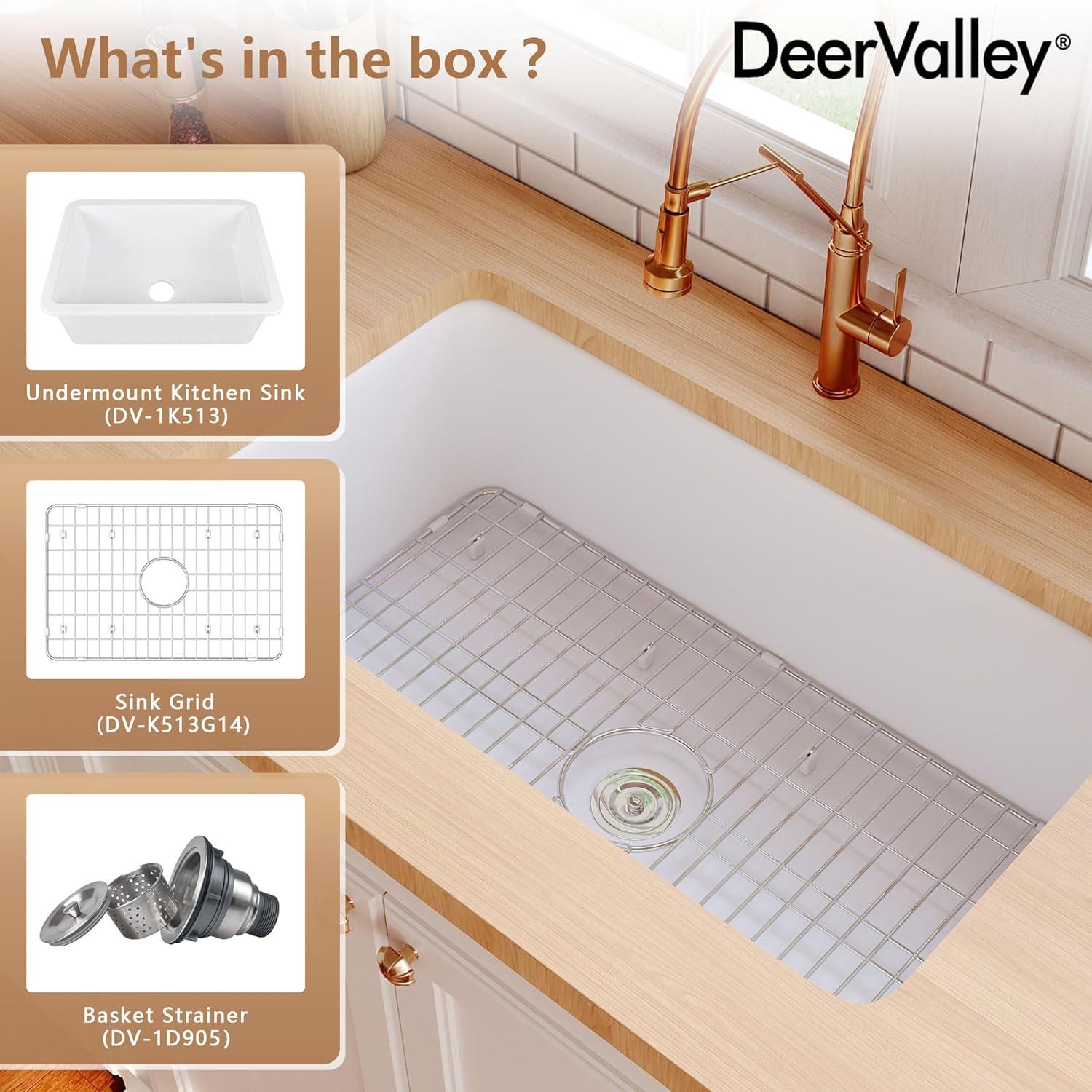 Rectangular Fireclay 32" L x 19" W Fireclay Undermount Kitchen Sink with Basket Strainer and Sink Grid