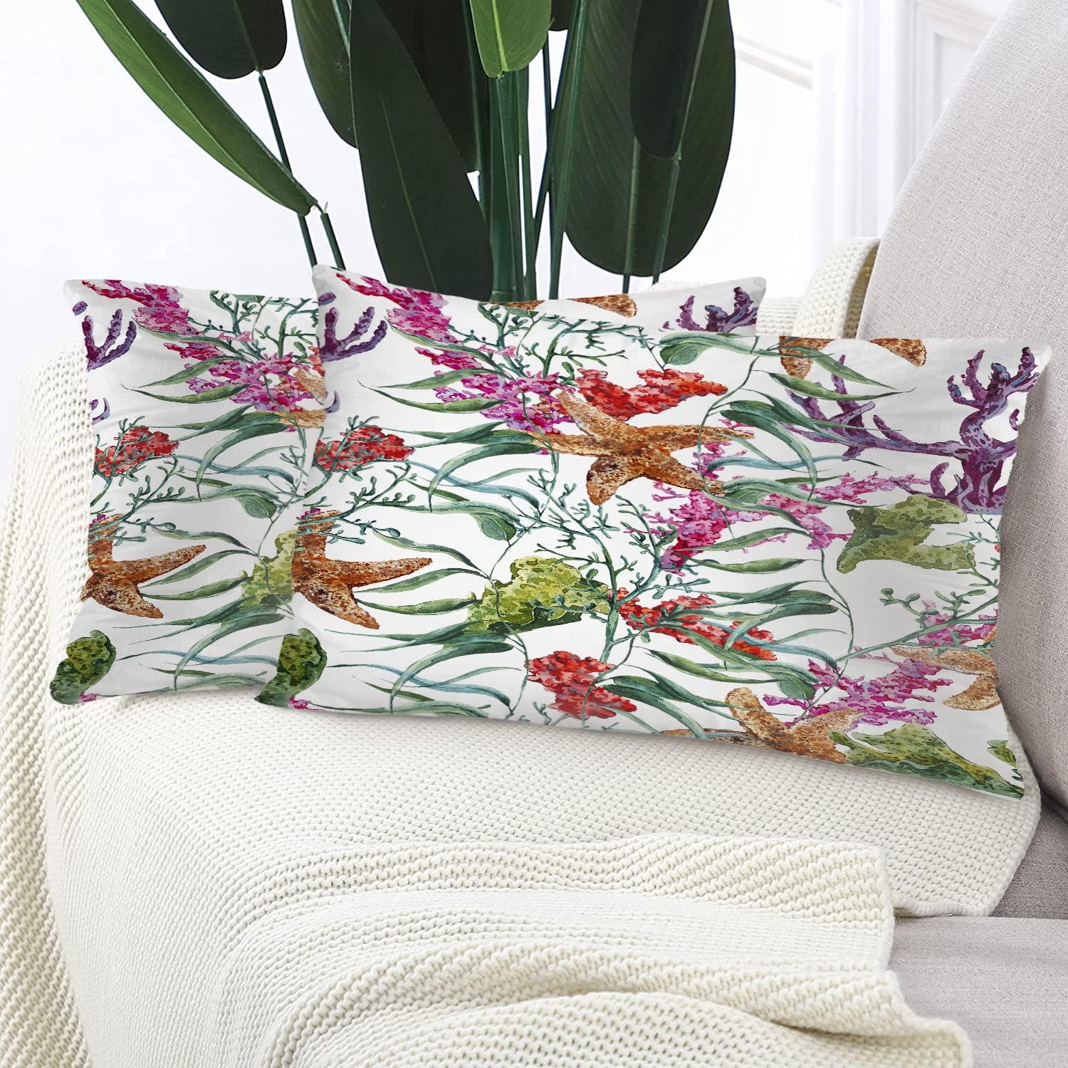 Coral Nautical Pillow Covers, Watercolor Sea Life Pattern with Seaweed Starfish Lumbar 12 x 20 Inches Decorative Throw Pillow Covers Cotton Cushion for Sofa Bedroom Car, Blue 04, Set of 2