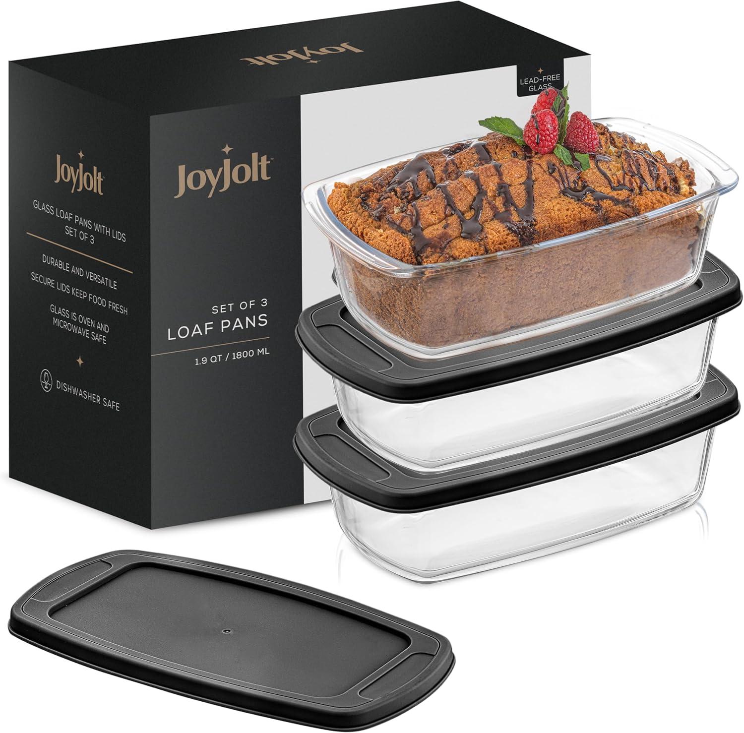 JoyJolt Glass Bakeware Containers for Loaf,  Bread, Cakes Pans Baking Containers with Lids - Set of 3 - Black