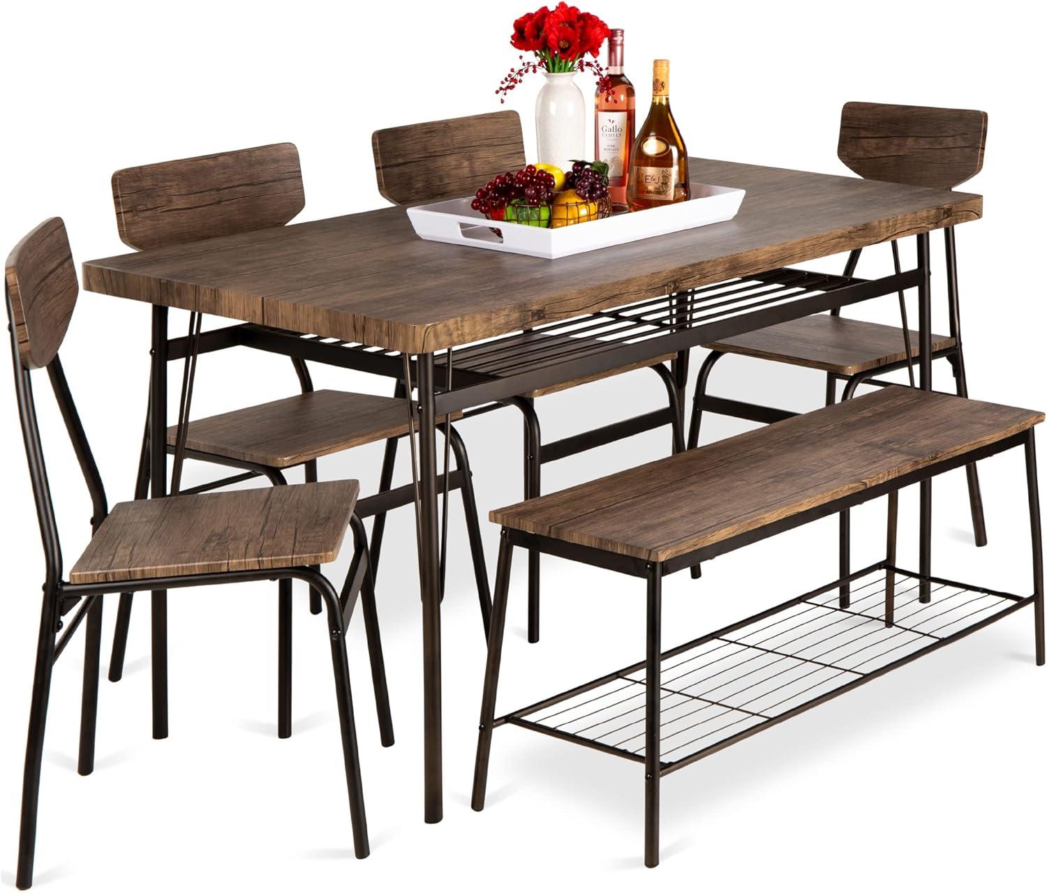 Best Choice Products 6-Piece 55in Modern Home Dining Set w/ Storage Racks, Rectangular Table, Bench, 4 Chairs - Brown