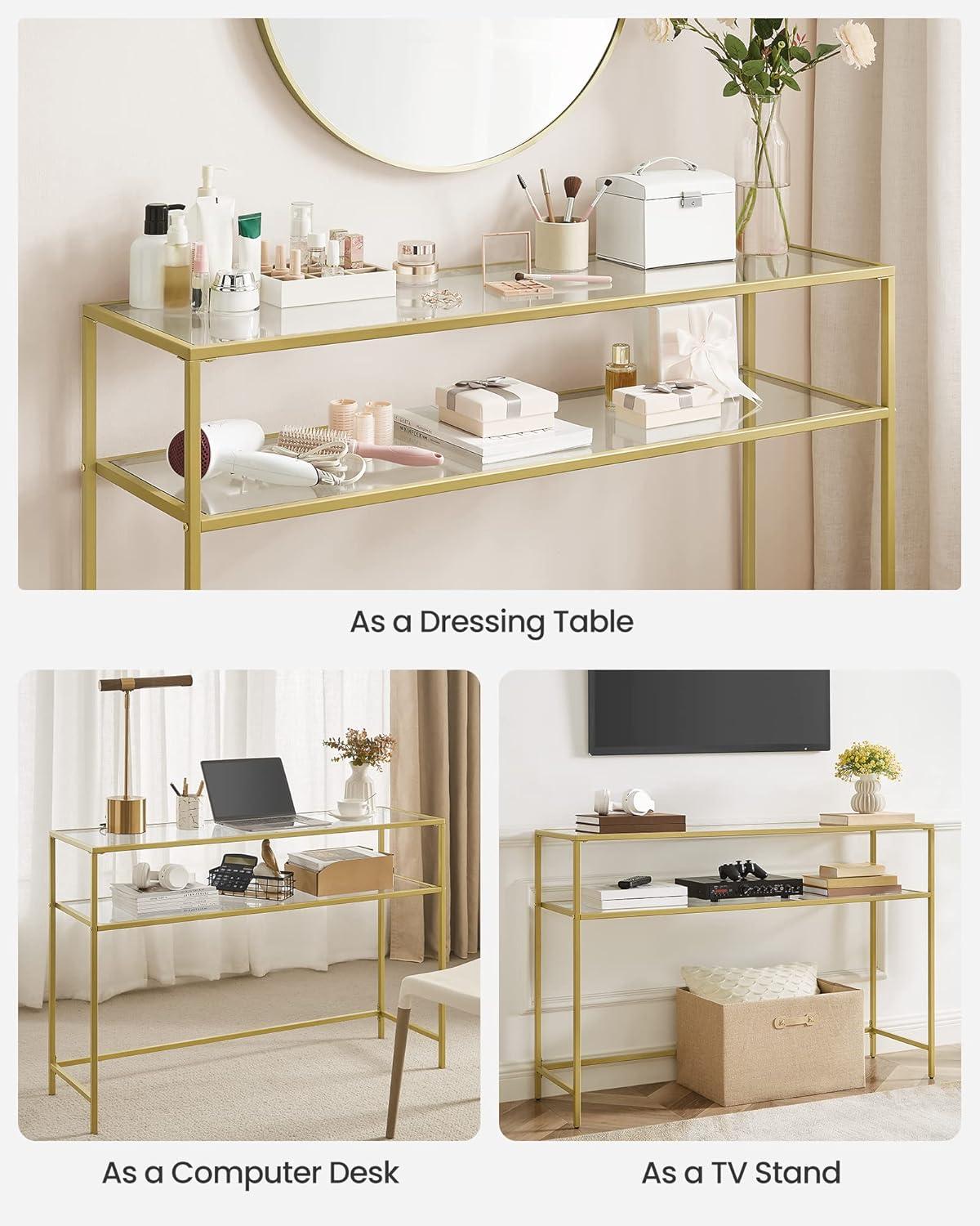 VASAGLE 47.2" Console Sofa Table Modern Entryway Table Tempered Glass Table 2 Shelves for Living Room Hallway Gold Color