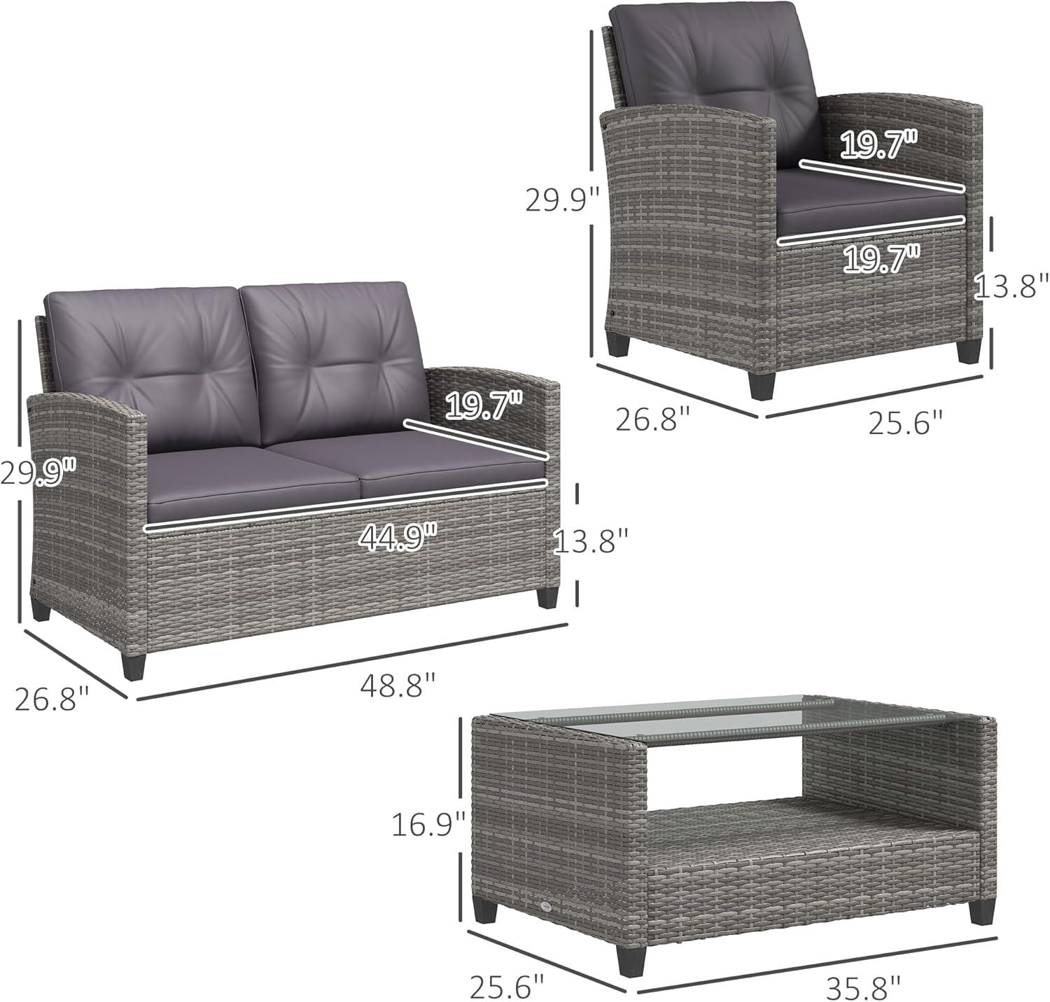 Outsunnny 4 Piece Patio Furniture Set, Outdoor Wicker Loveseat Sofa & Chairs, with 2-Tier Coffee Table & Tufted Cushions, Carbonized