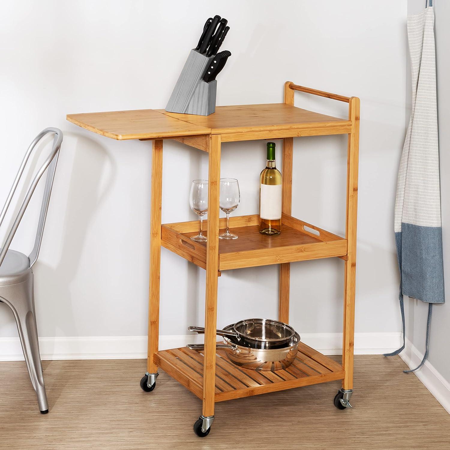 Compact Bamboo Drop-Leaf Kitchen Cart with Locking Casters and Storage