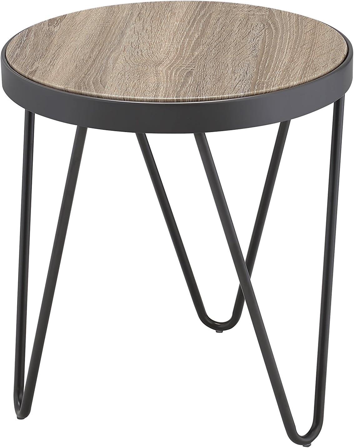 ACME Bage Round Wooden Top End Table in Weathered Gray Oak