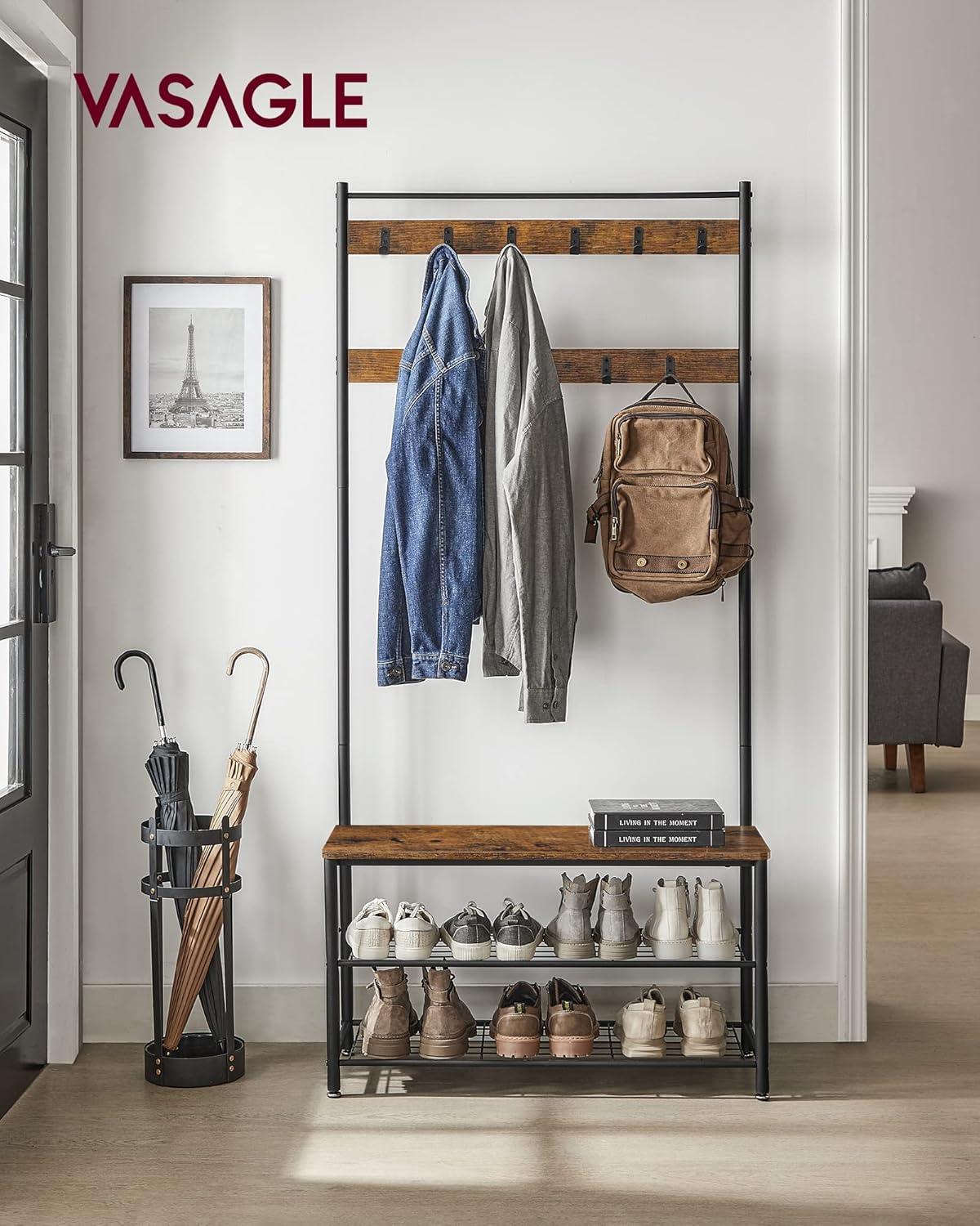 Rustic Brown and Black Hall Tree with Storage Bench