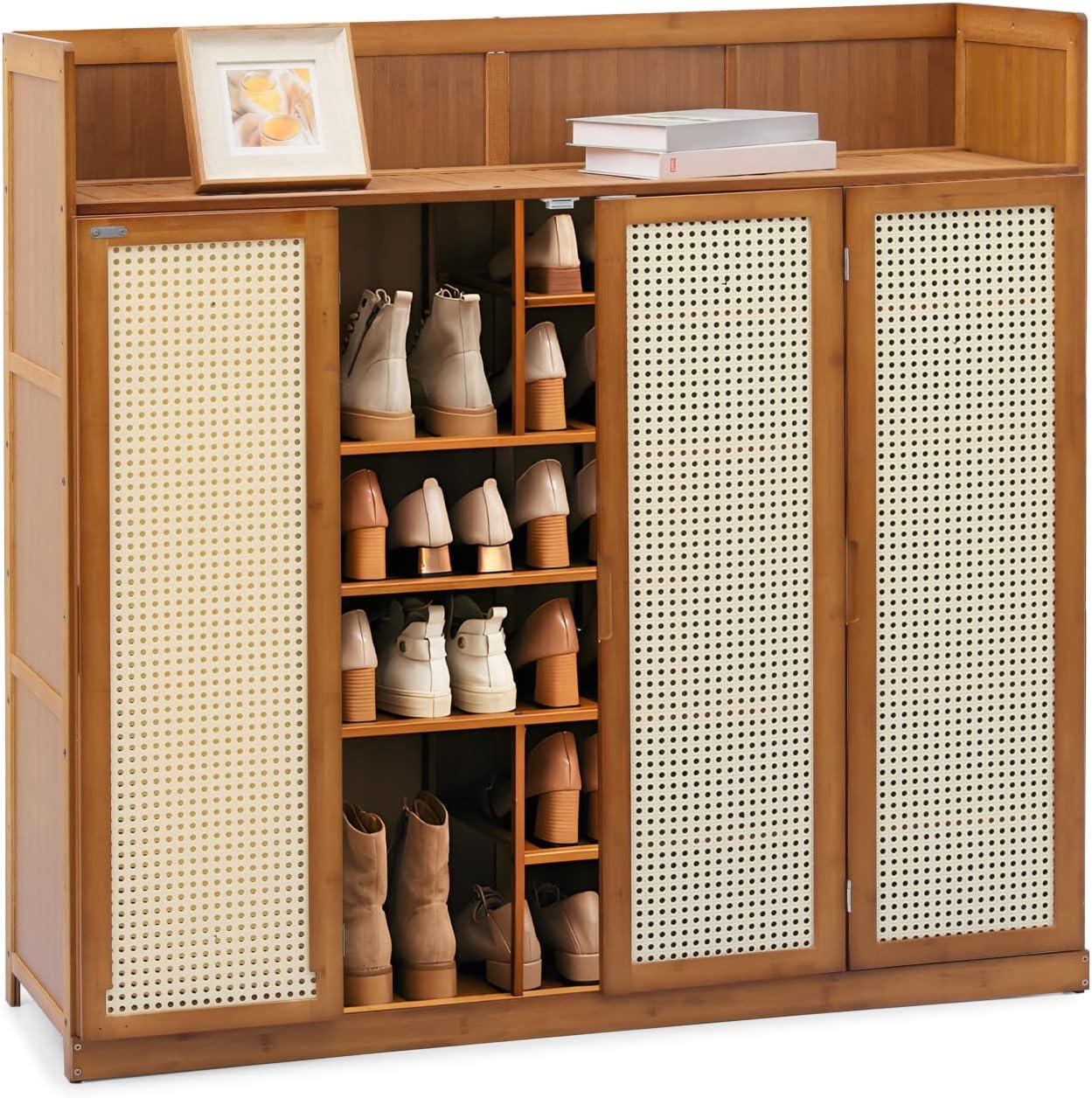 MoNiBloom Bamboo 30 Pairs Shoe Cabinet, 7-Tier Entryway Shoe Storage Cabinet with Foldable Rattan Doors and Boots Compartments, Shoe Rack Organizer For Hallway Living Room, Brown