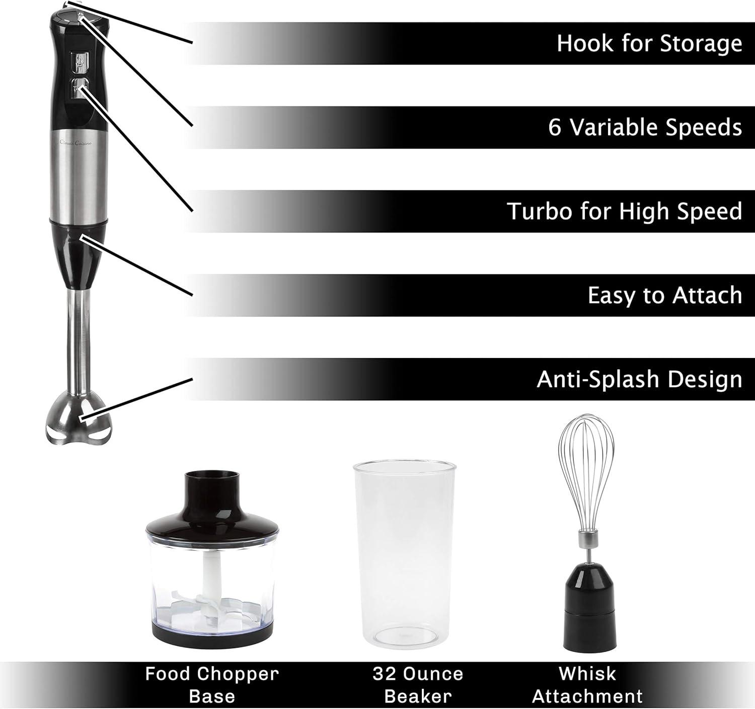 6-Speed Immersion Blender - 4-in-1 Hand Mixer with Whisk, Food Processor Cup, and 32oz Beaker for Soup, Smoothies, and More by Classic Cuisine (Black)