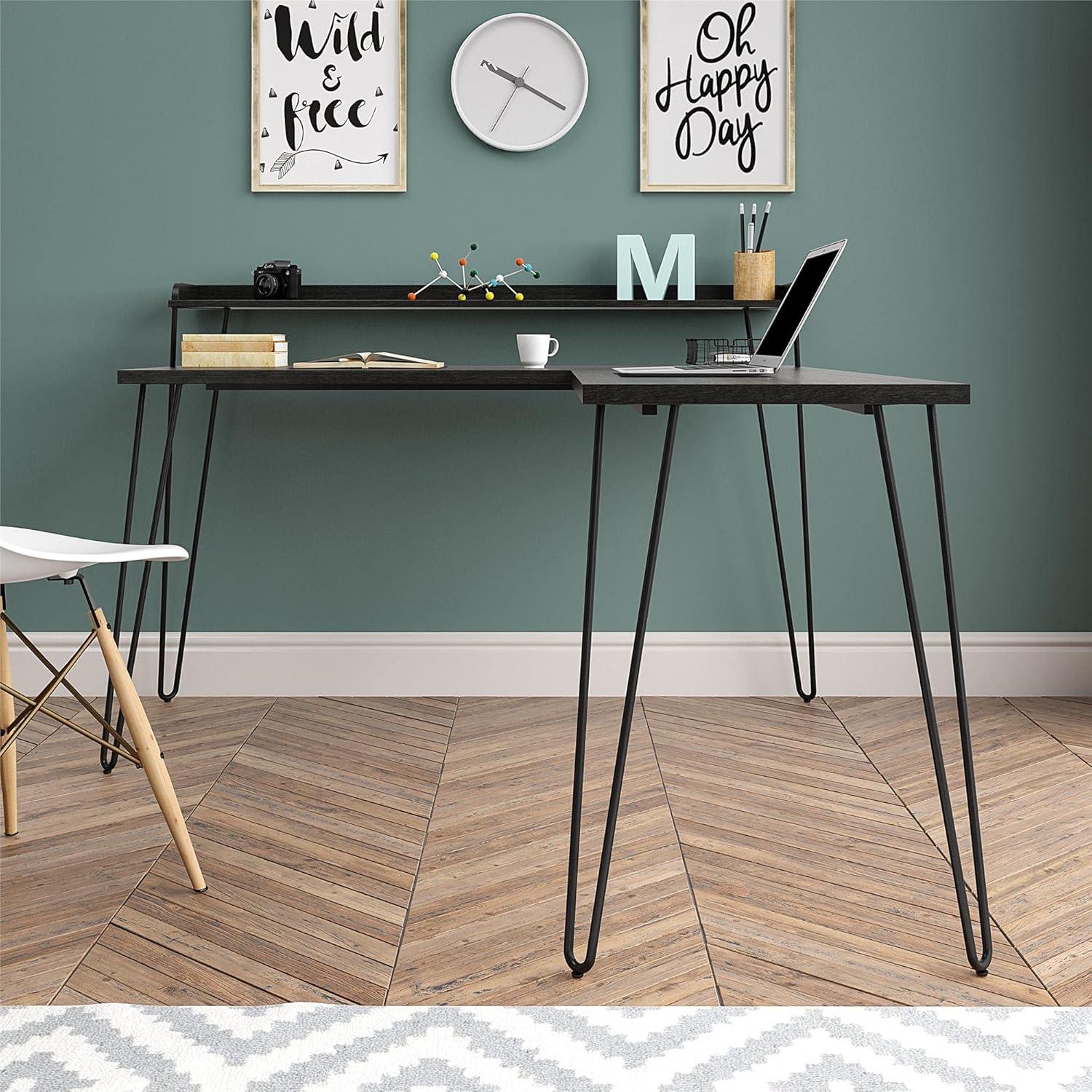 Haven 55'' Black Oak Corner Computer Desk with Metal Frame