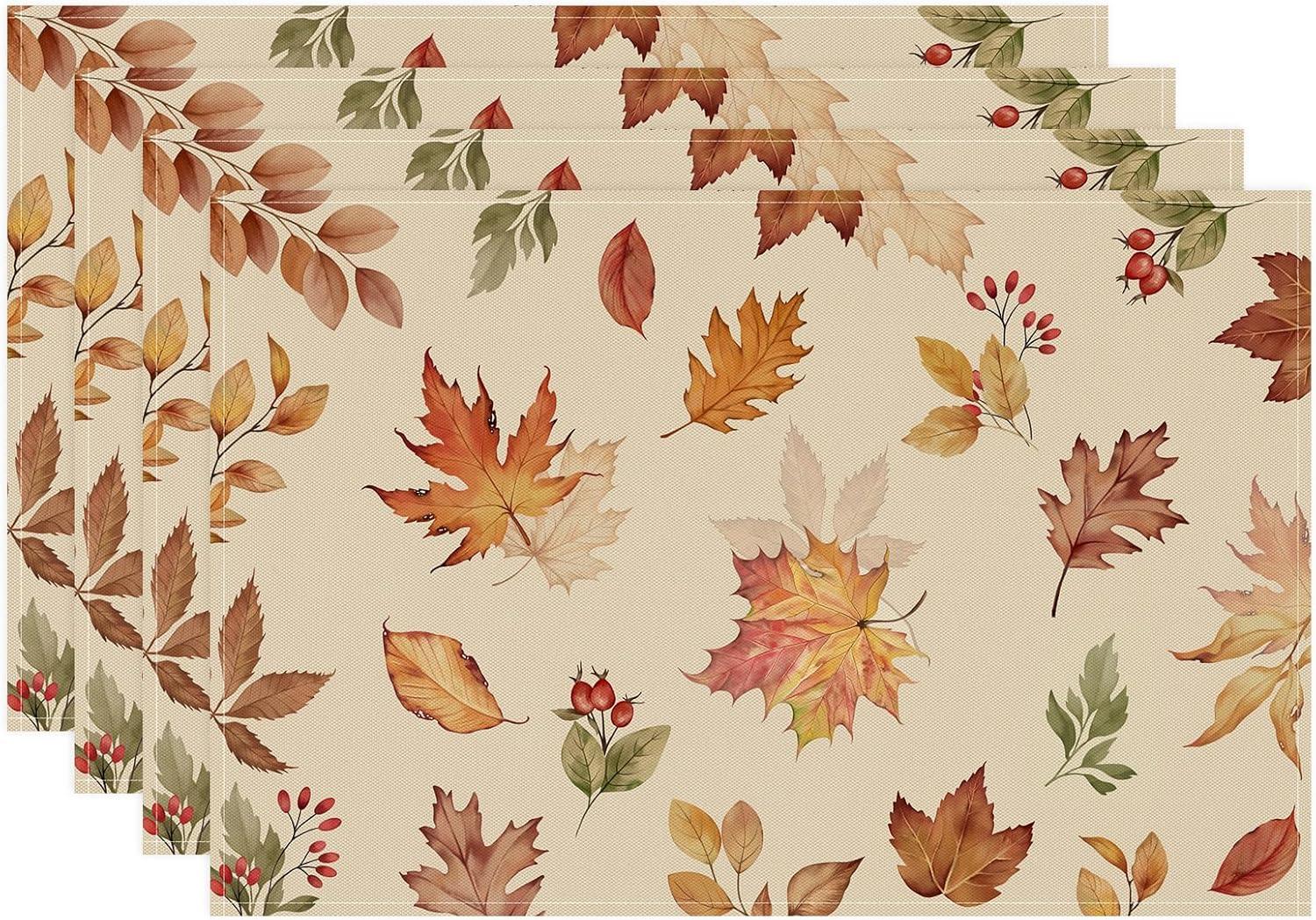 Fenyluxe  Maple Leaves Fall Placemats Set of 4,Thanksgiving Seasonal Table Mats for Party Kitchen Dining Decoration 18x12in