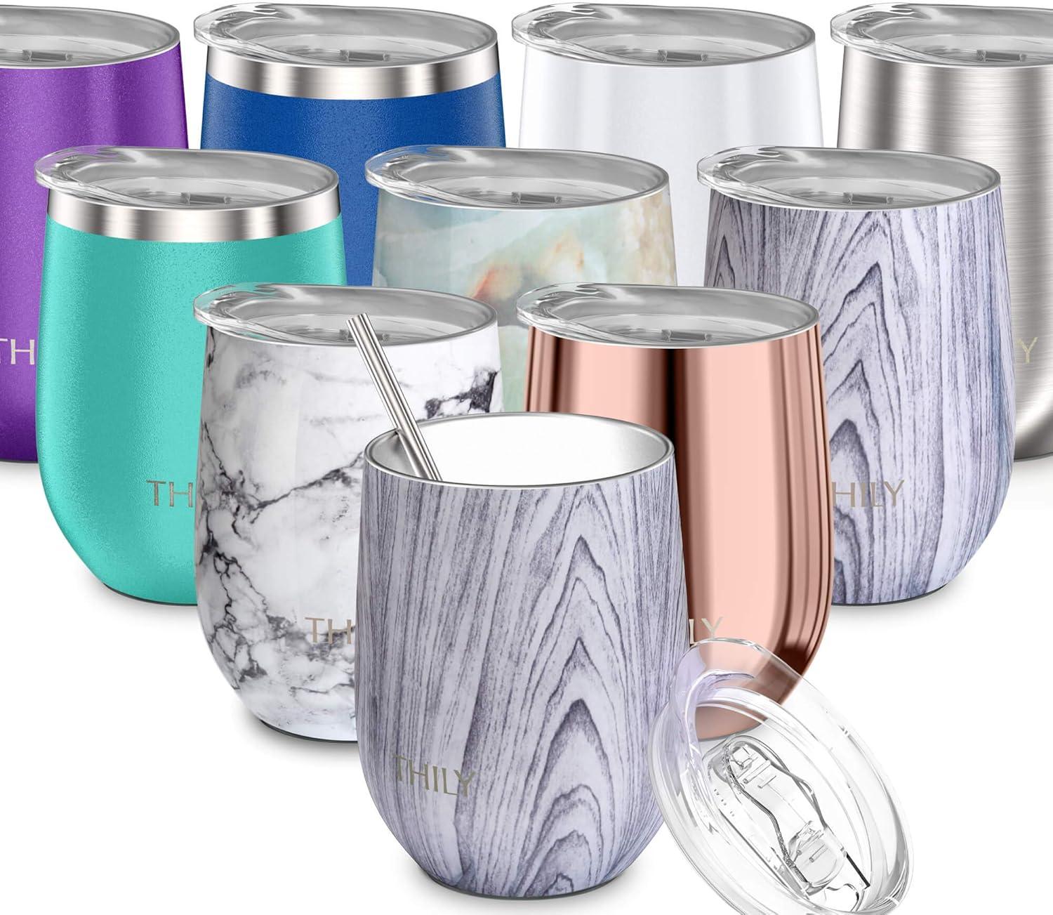 Wine Tumbler Vacuum Insulated Stemless - THILY 12 oz Triple-Insulated Stainless Steel Wine Glass with Lid and Straw, Cute Travel Cup Keep Cold or Hot for Coffee, Cocktails, Wood Grain