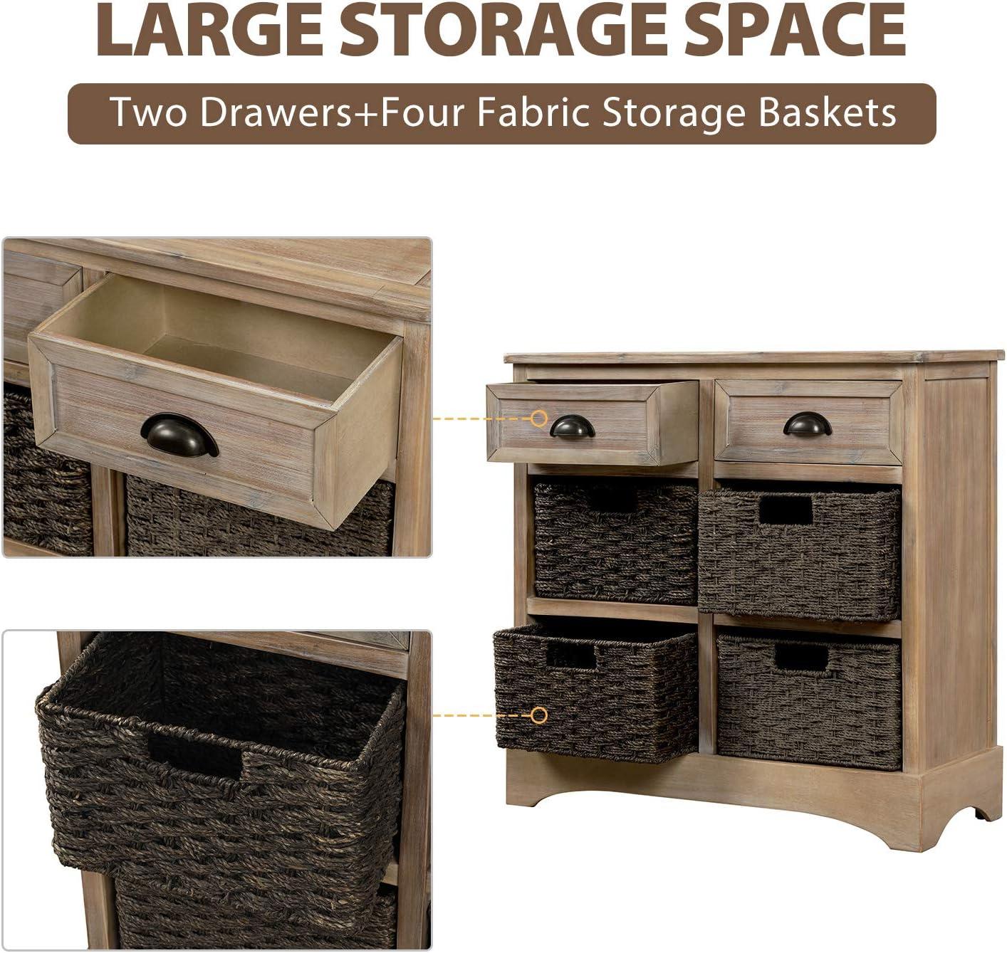 White Washed Rustic Storage Cabinet with 2-Drawers and 4-Classic Fabric Basket