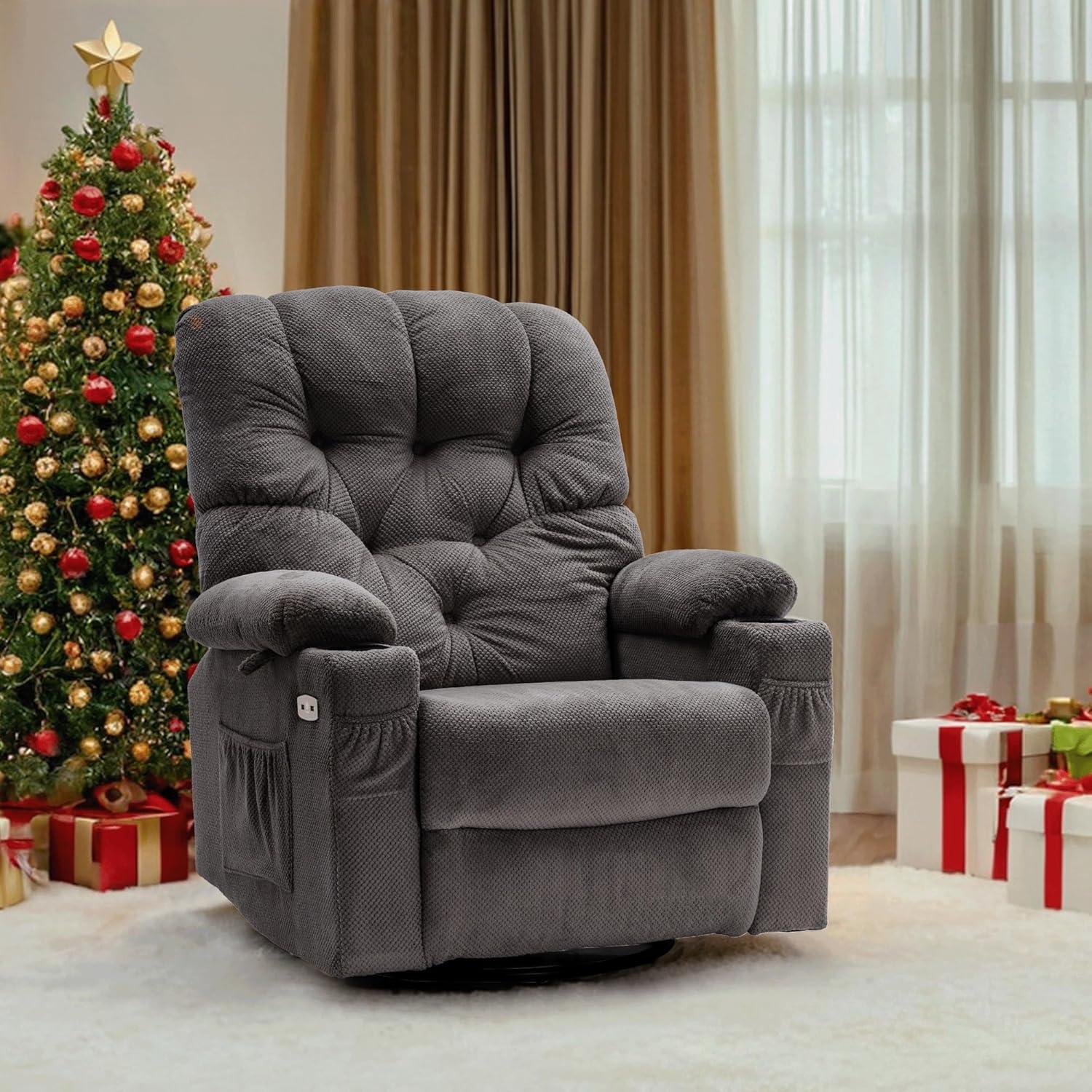 Gray Power Swivel Recliner with USB Ports and Cup Holders