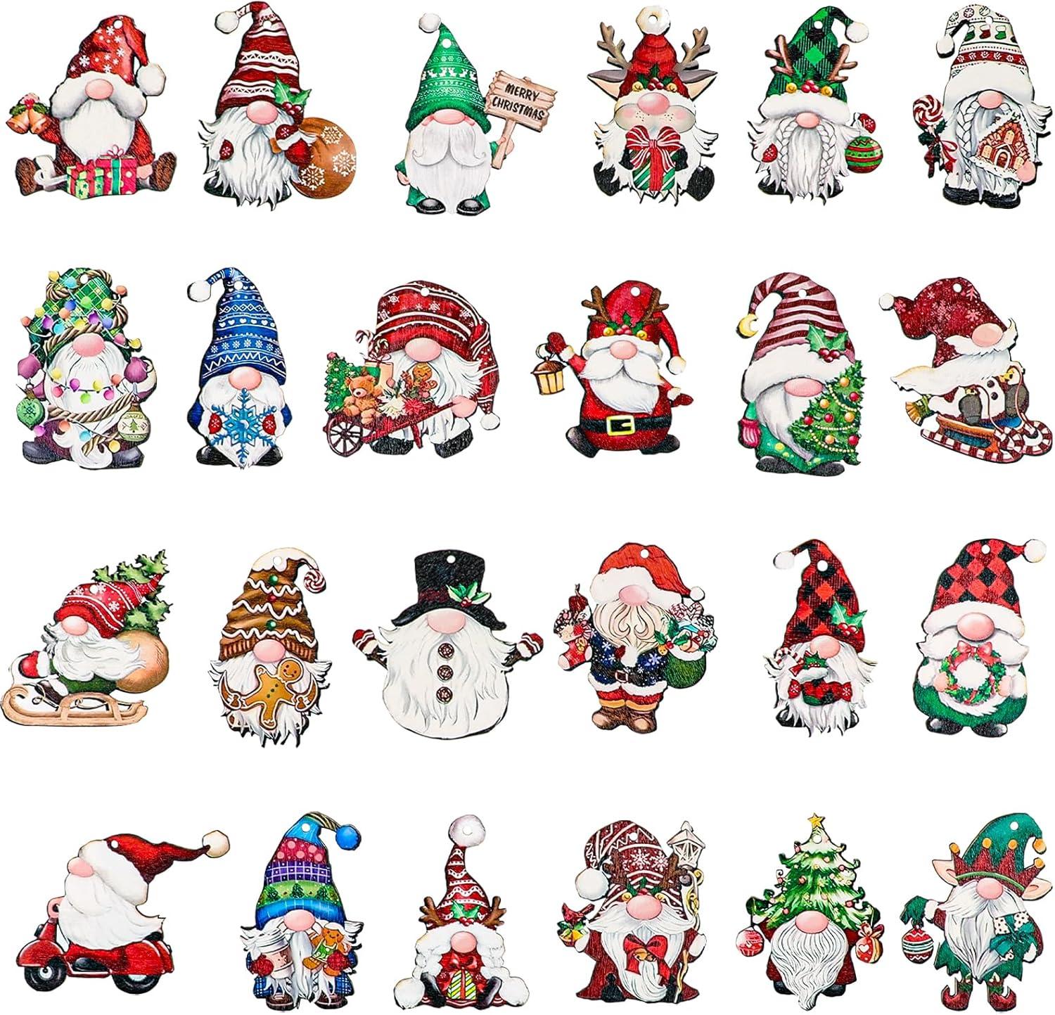24pcs Gnome Christmas Ornaments Set - Festive Decorations with Wooden Gnomes for Tree Adornments & Ultimate Holiday Celebration Accessories