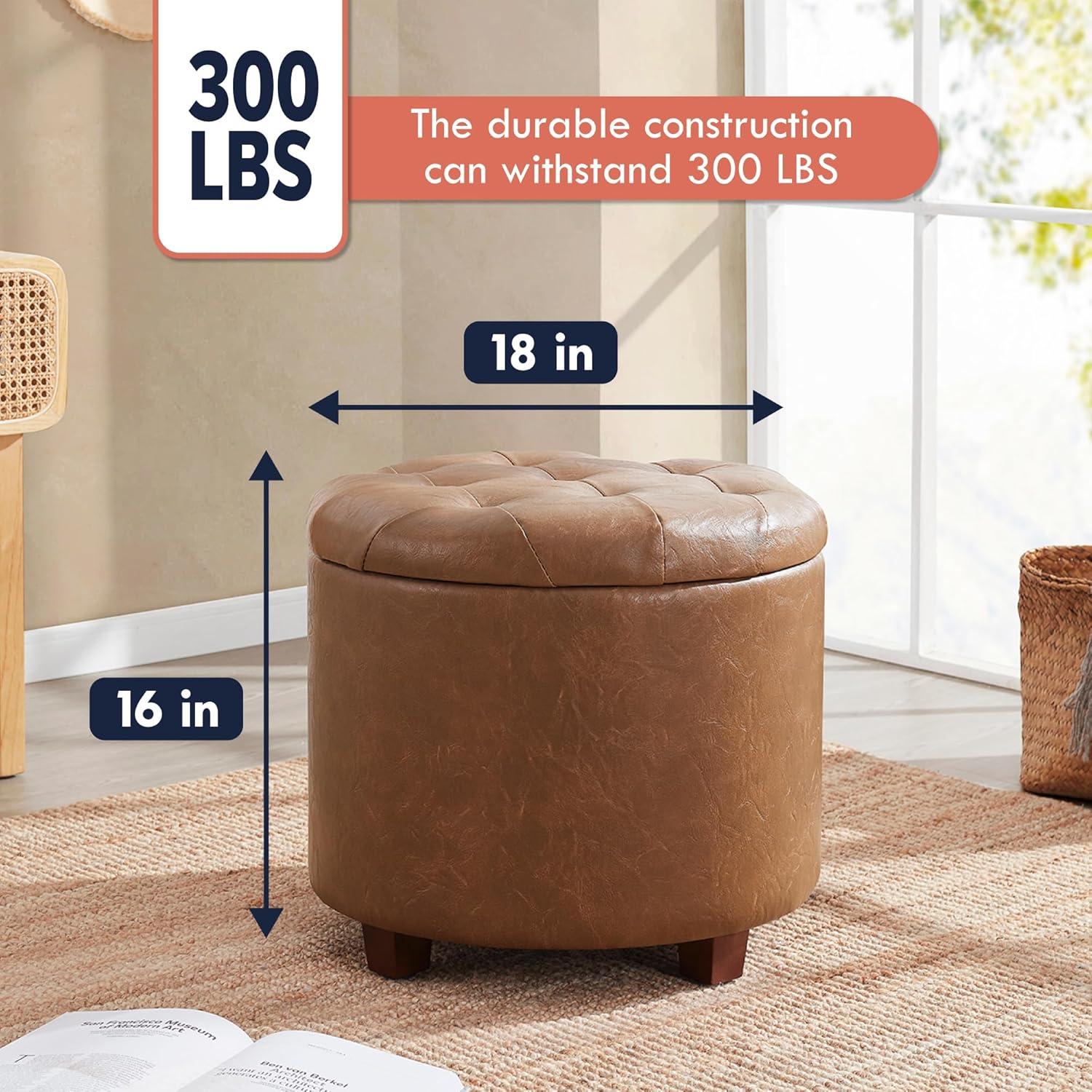 Ornavo Home Faux Leather Upholstered Round Tufted Storage Ottoman with Wooden Legs - Mocha