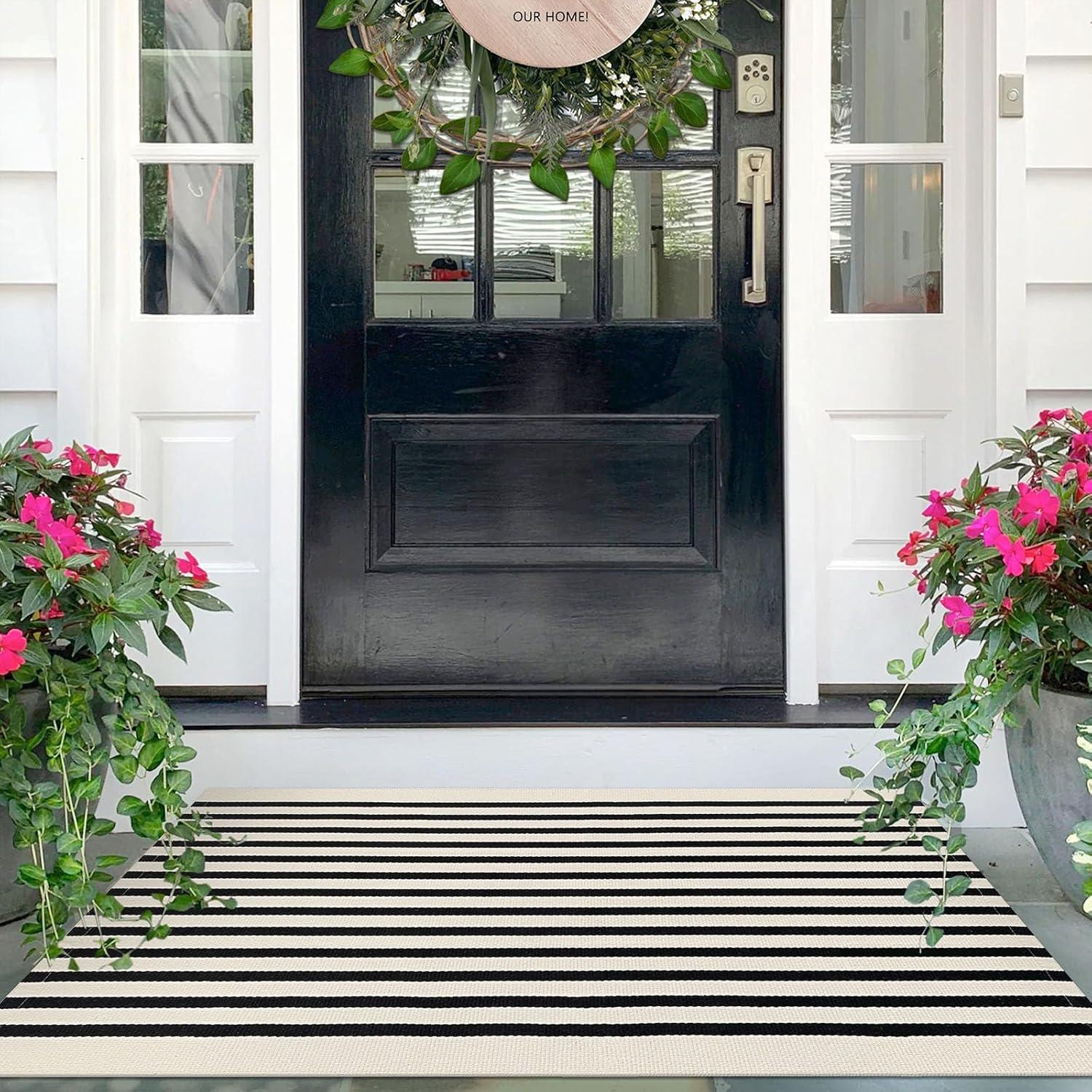 IOHOUZE Navy and White Striped Rug 2'x3' Front Door Rugs, Small Washable Area Rug for Front Porch, Spring Summer Doormats Outdoor Indoor, Cotton Rugs for Entryway Porch Entrance