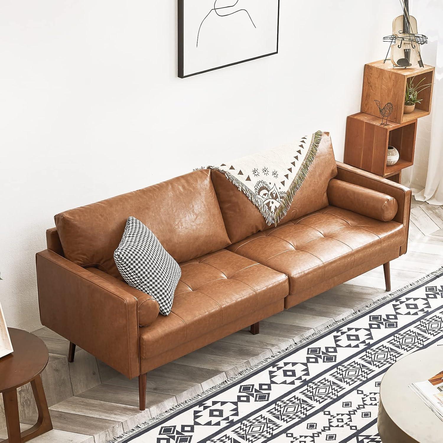 Elegant Cognac Tan Faux Leather Mid-Century 3-Seater Sofa