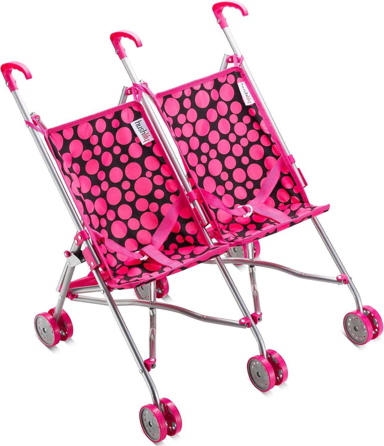 Double Doll Stroller for Twin Baby Dolls - Toy Stroller for Toddlers 3 Years and up, Pink & Black Polka Dots Design for Kids