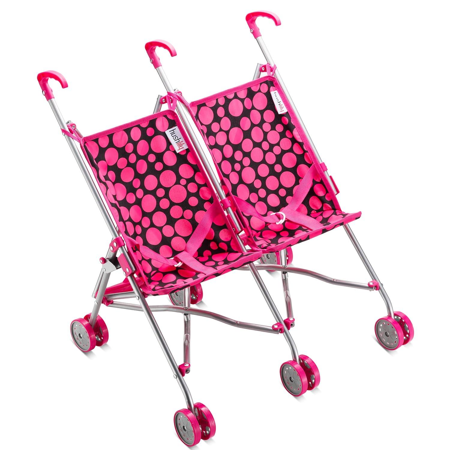 Double Doll Stroller for Twin Baby Dolls - Toy Stroller for Toddlers 3 Years and up, Pink & Black Polka Dots Design for Kids