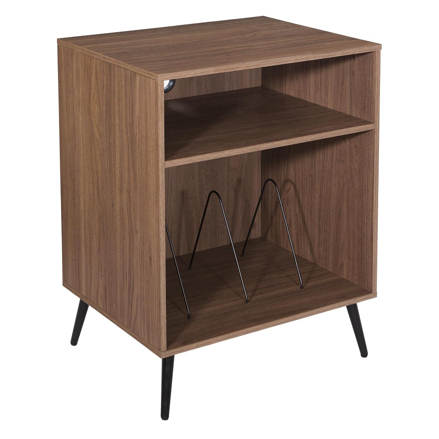 OSP Home Furnishings Retro Record Player Stand Console with Album Storage, Majestic Walnut Finish