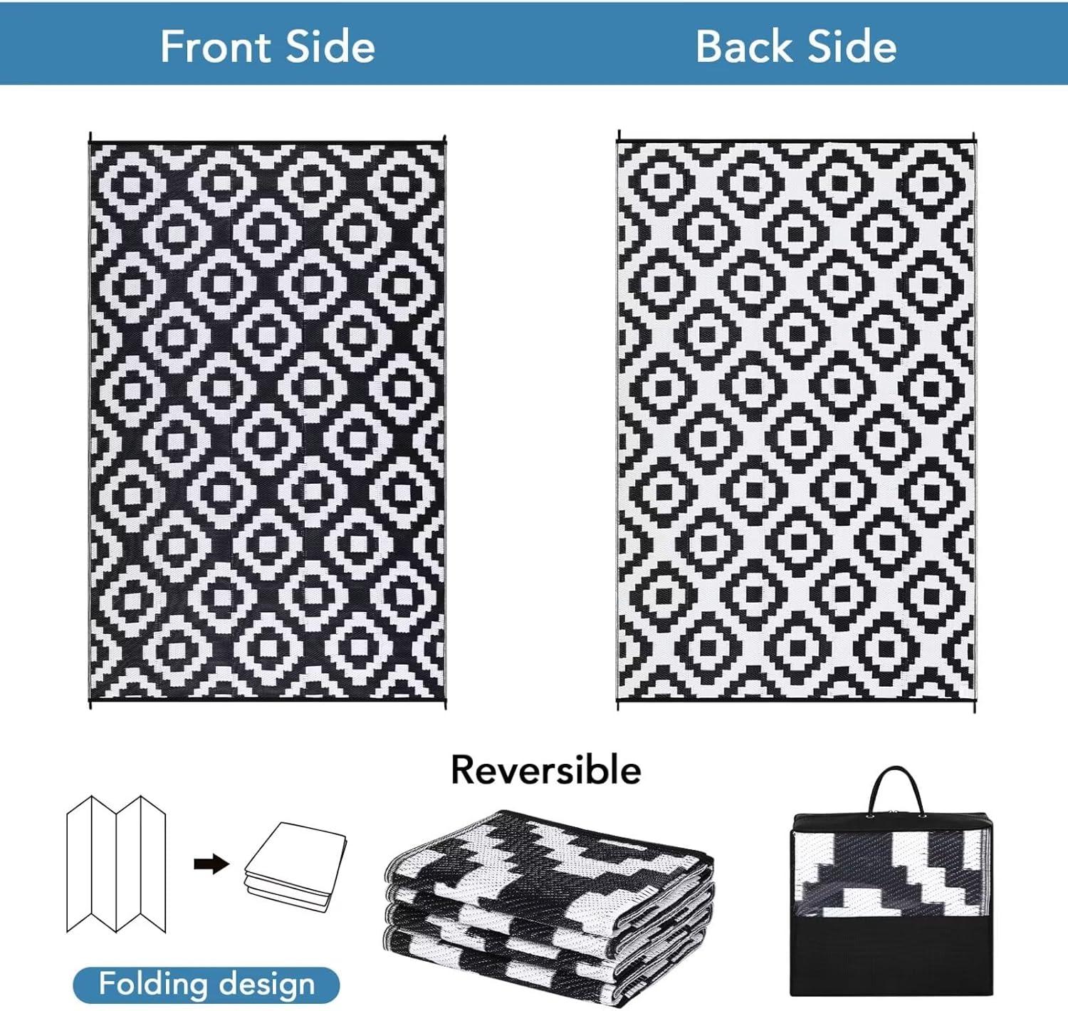 Garvee Waterproof Outdoor Rug 9'x12' Reversible Plastic Patio Rugs, Portable Modern Abstract Indoor Outdoor Carpet for Camping, Balcony, Deck, Backyard, Black & White, with Storage Bag